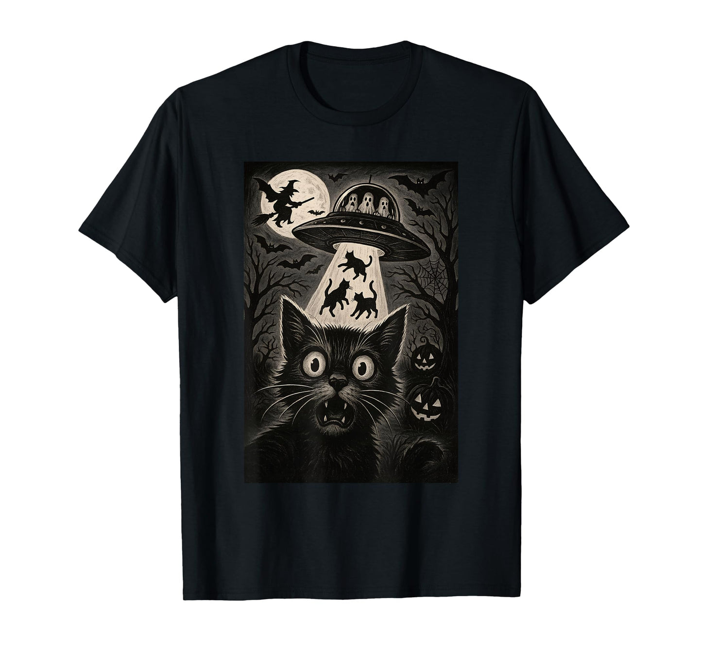 Halloween Cat Selfie Scary Alien Abduction Cats UFO Flying T-Shirt