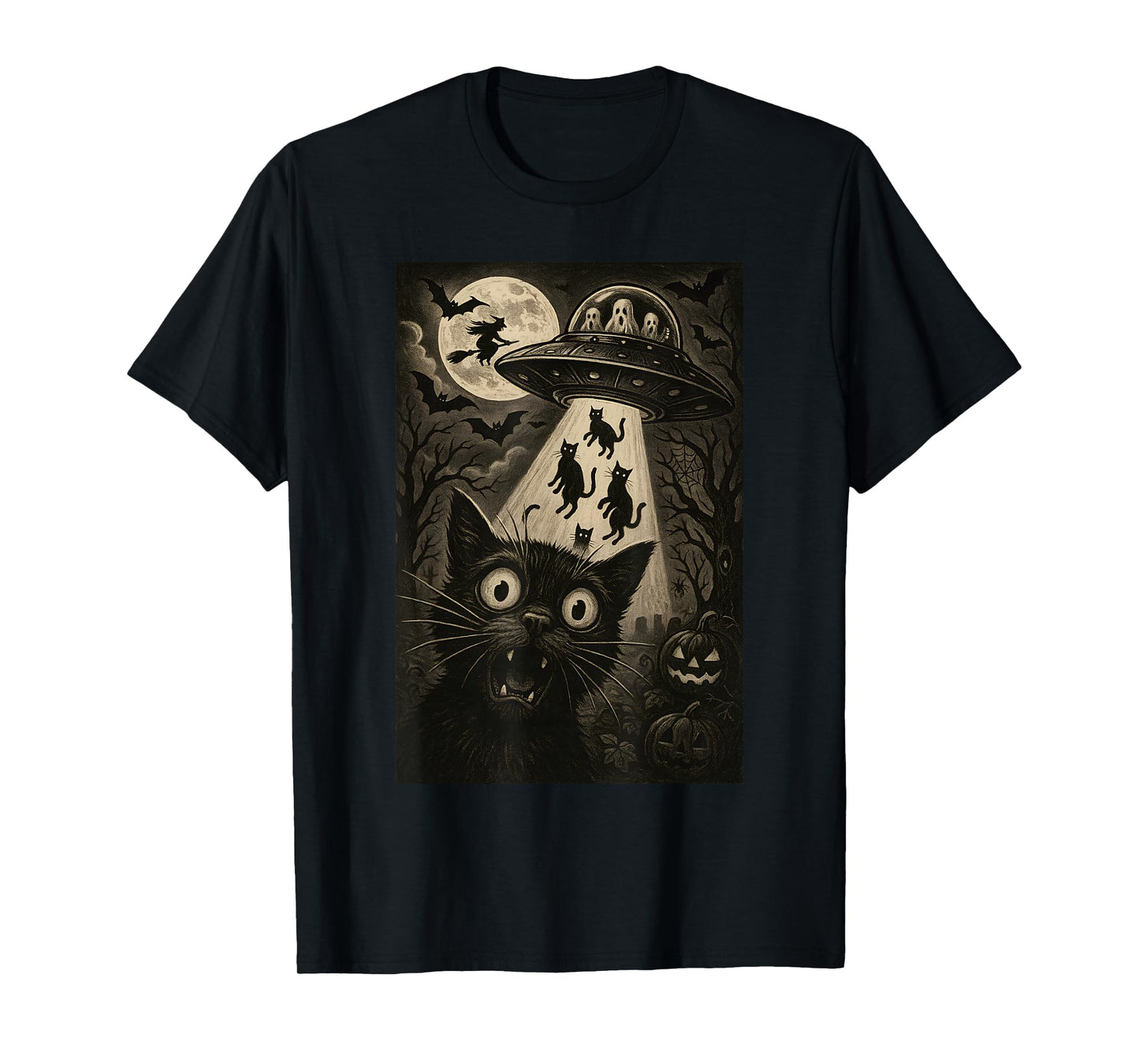 Halloween Cat Selfie Spooky Night Alien Abduction Cats UFO T-Shirt