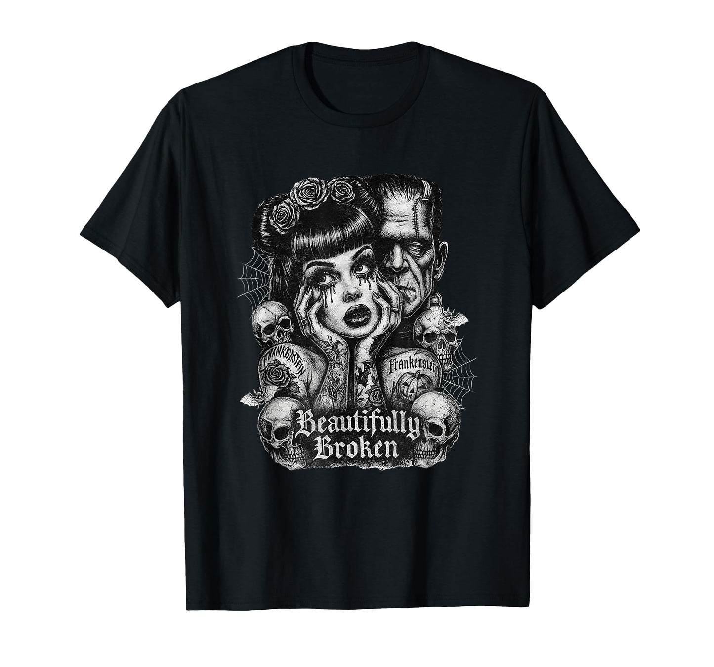 Floral Monster Frankenstein and Bride Beautifully Broken T-Shirt