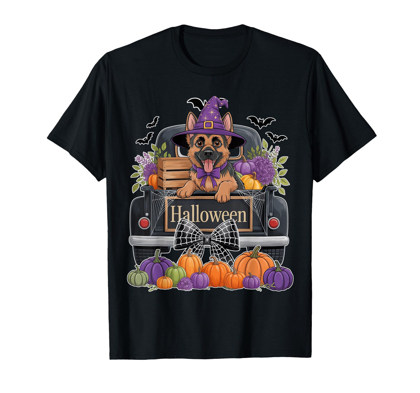 German Shepherd Witch Hat Truck Pumpkin Dog Lovers Halloween T-Shirt