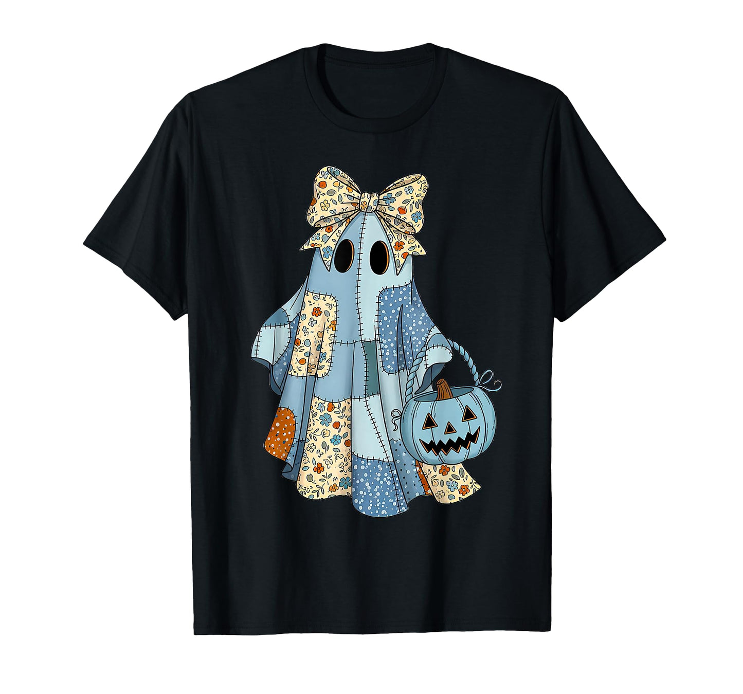 Retro Blue Denim Ghost Floral Patchwork Cute Boo Halloween T-Shirt