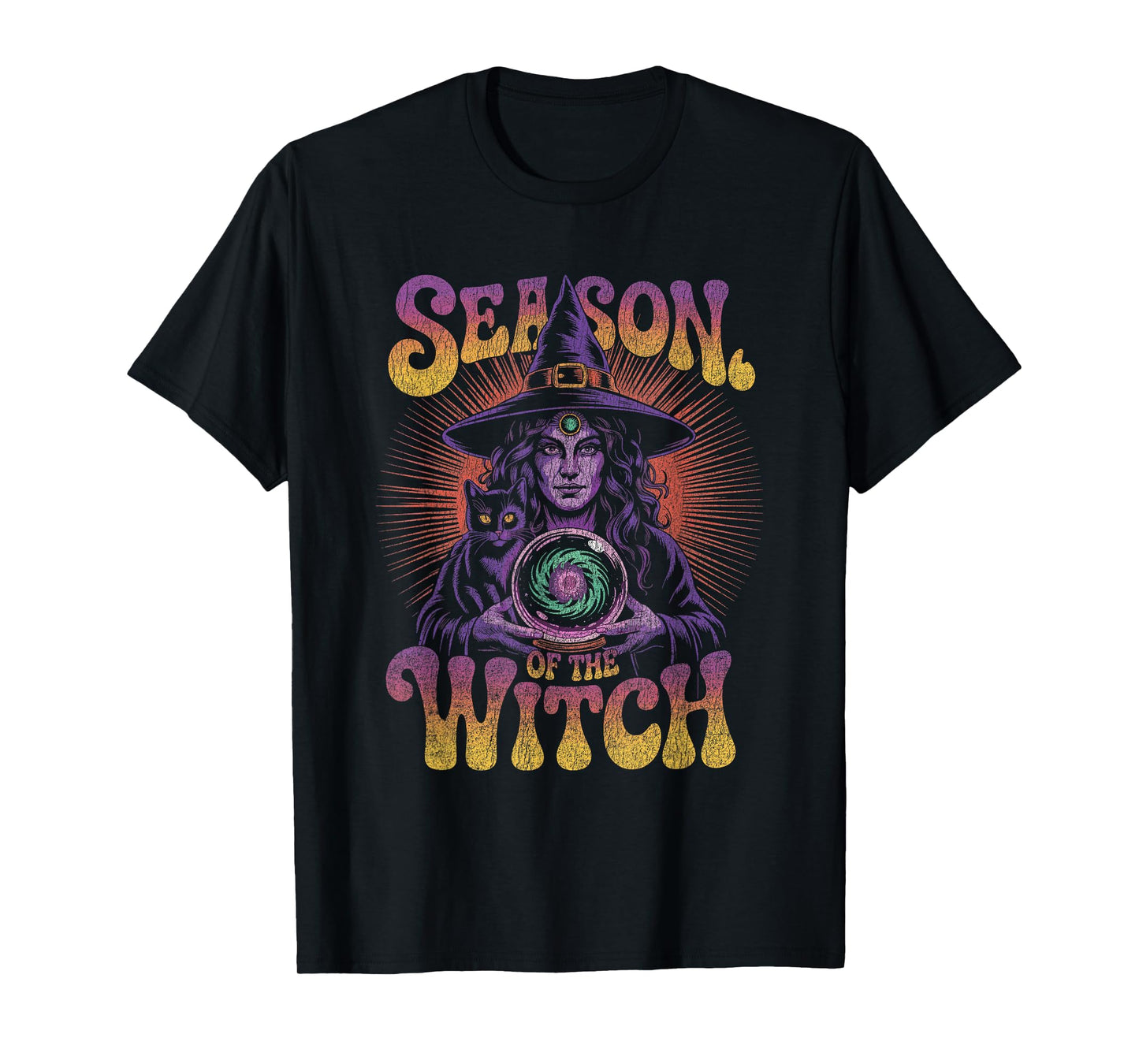 Witch with Crystal Ball and Cat Radiating Cosmic Power T-Shirt