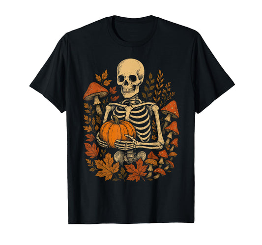 Fall Cottagecore Aesthetic Floral Mushroom Skeleton Pumpkin T-Shirt