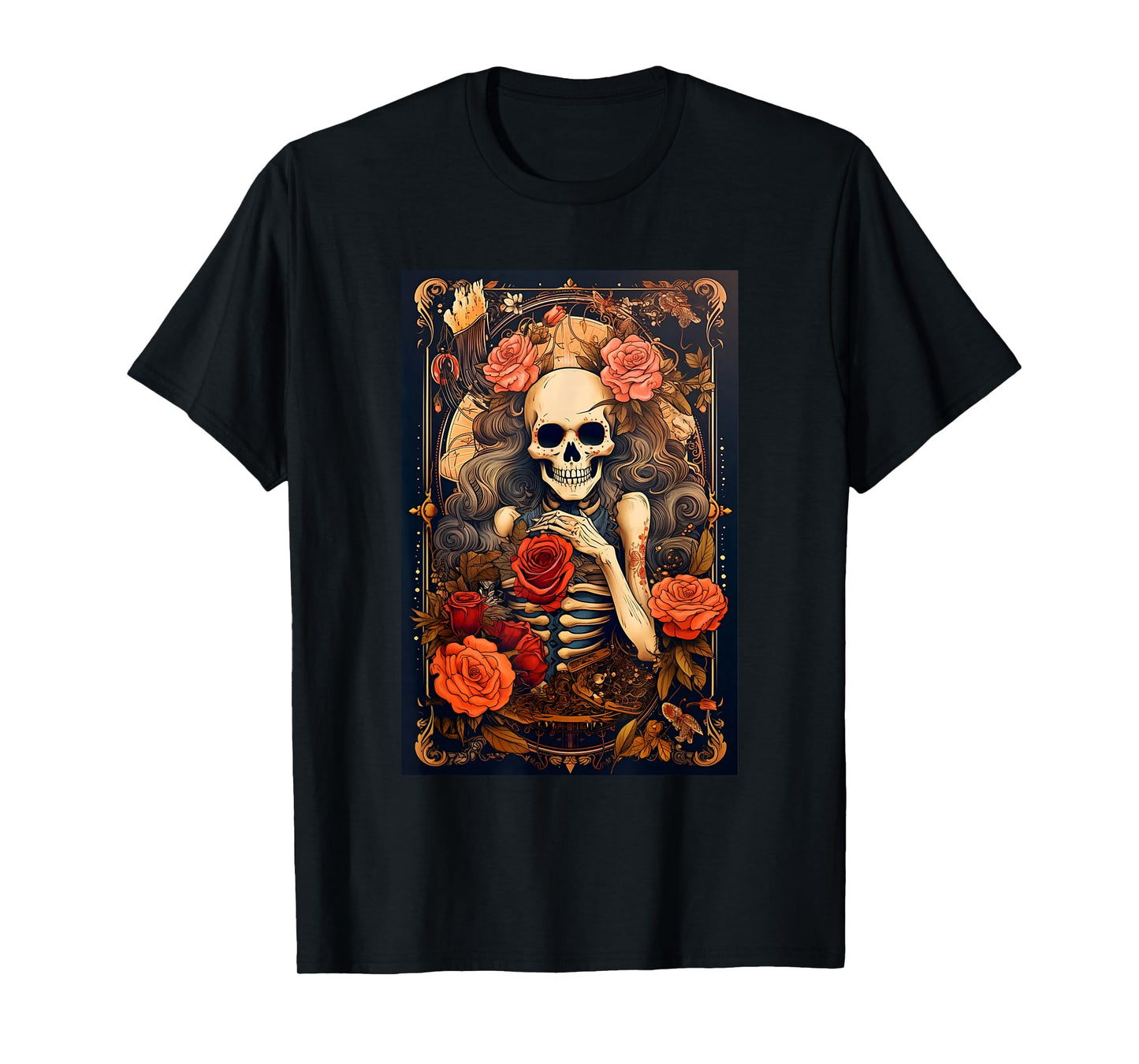 Vintage Tarot Card Goth Girl Skeleton Occult Gothic Floral T-Shirt