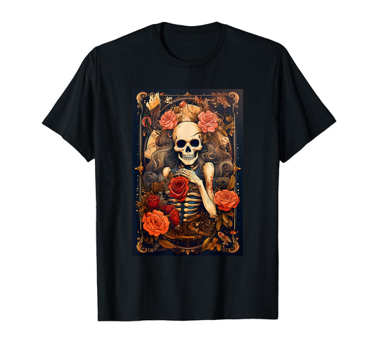 Vintage Tarot Card Goth Girl Skeleton Occult Gothic Floral T-Shirt