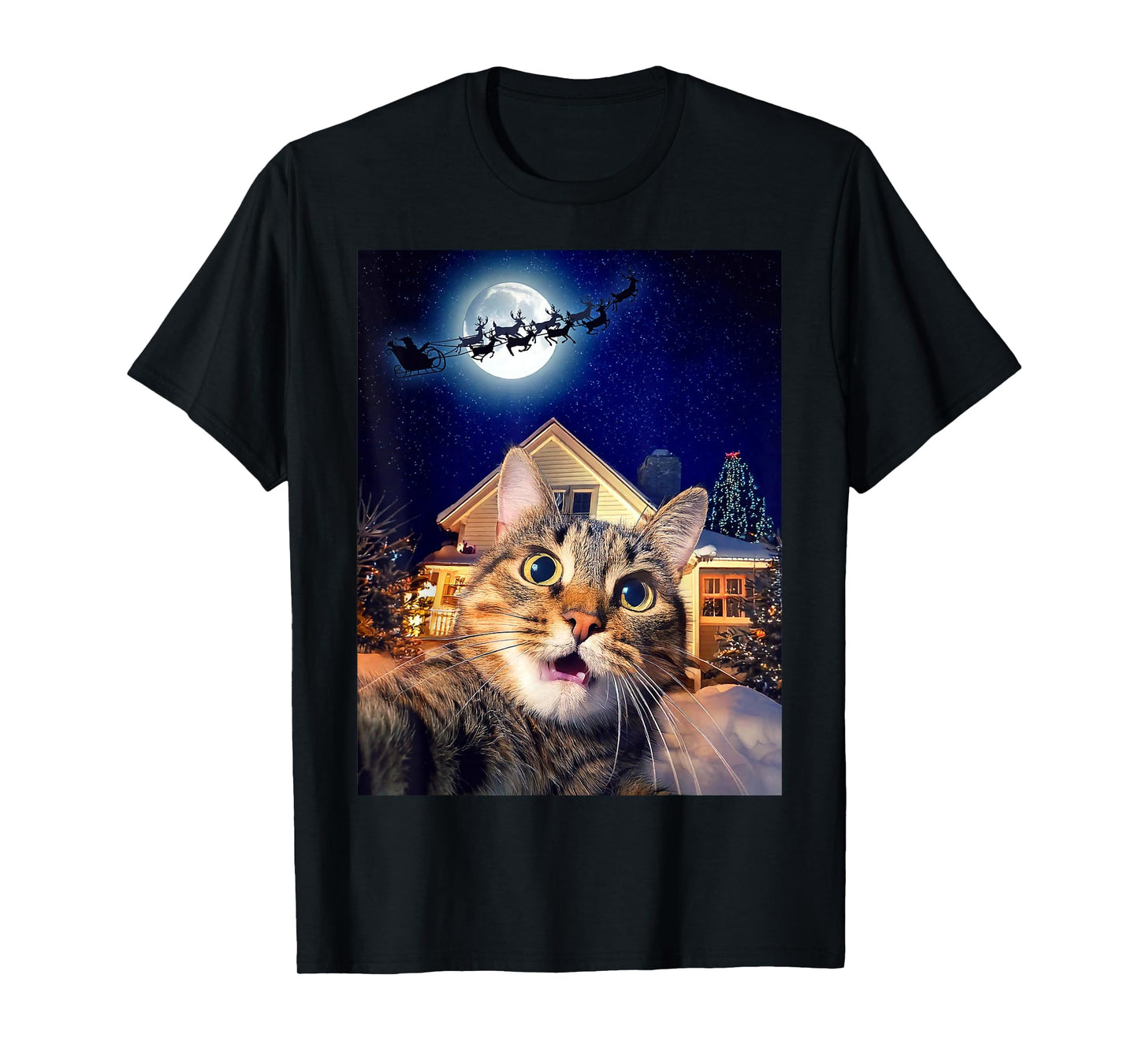 Cat Selfie with Santa, Reindeer, and Sleigh Funny Christmas T-Shirt