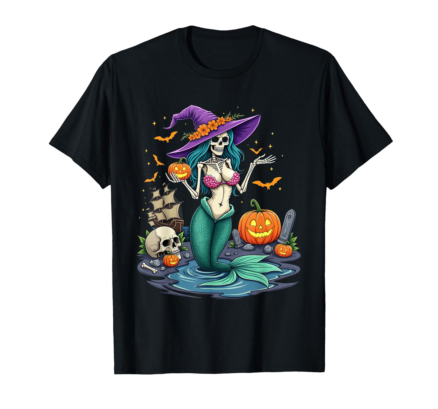Skeleton Mermaid Witch Pumpkin Ship Halloween T-Shirt
