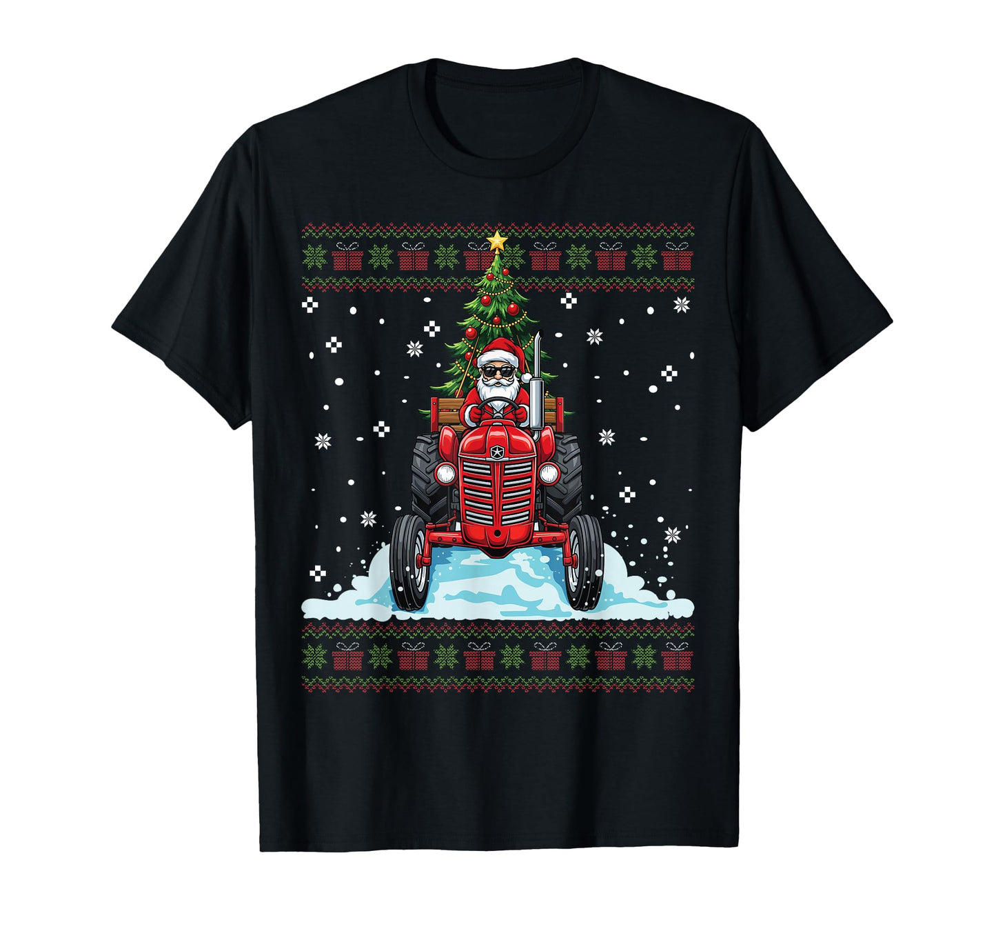 Santa Riding Tractor Christmas Tree Funny Ugly Christmas T-Shirt