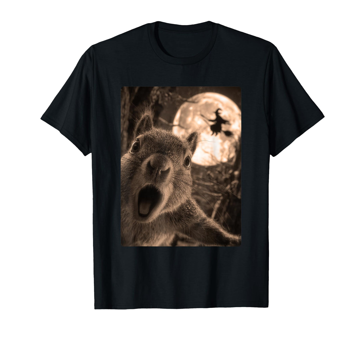 Funny Squirrel Selfie with Full Moon Flying Witch Halloween T-Shirt