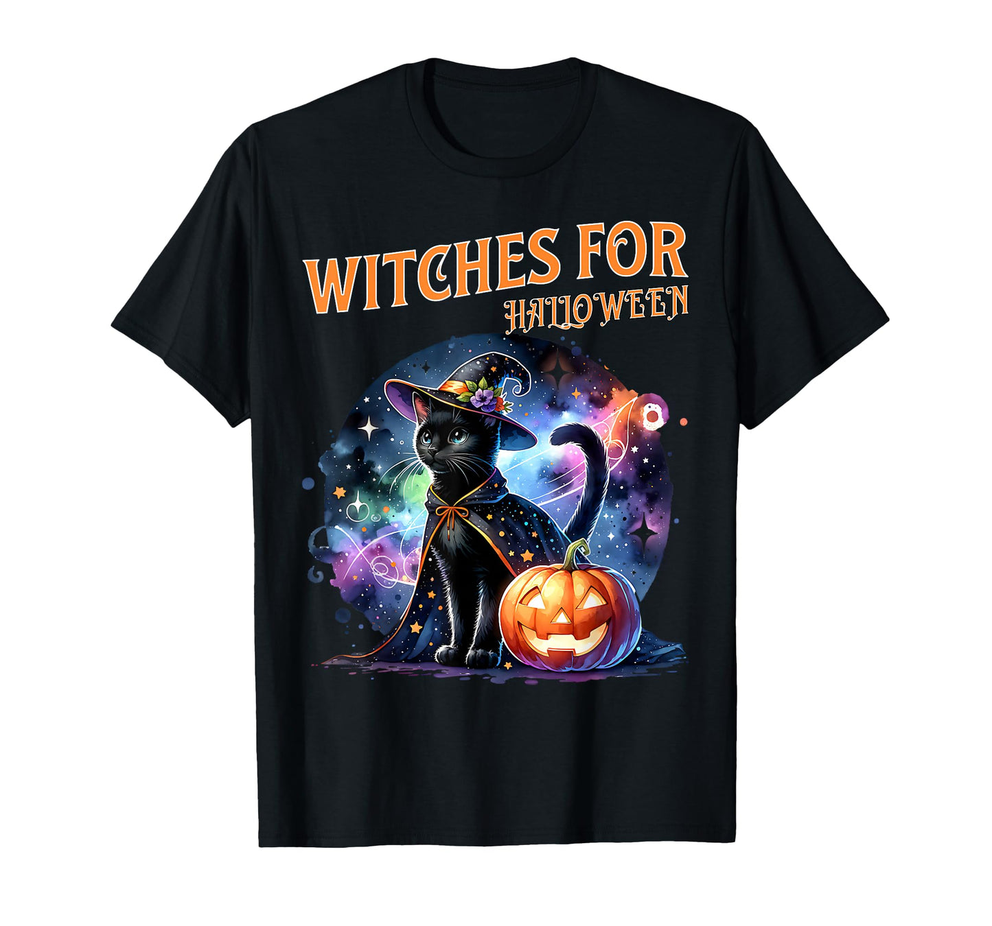 Witches for Halloween Starry Cat Pumpkin Magic Scene T-Shirt