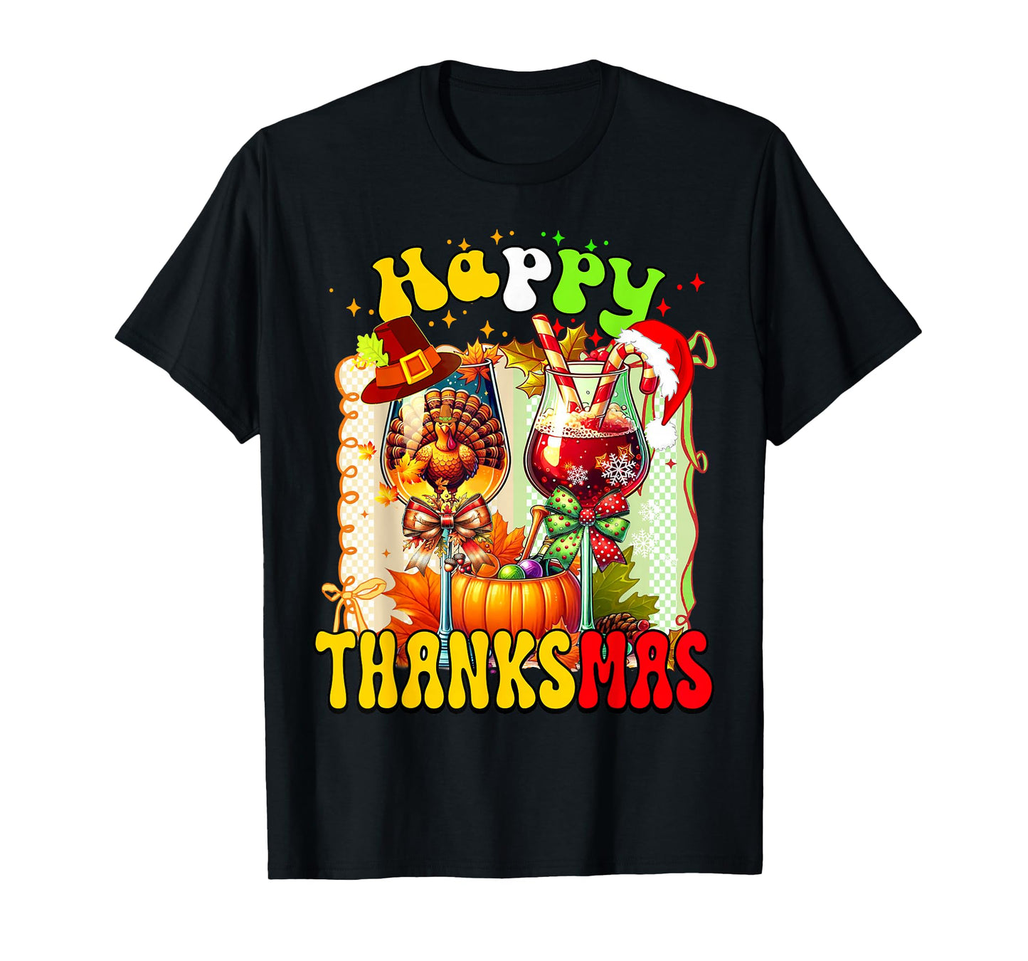 Happy Thanksmas Two Wine Glass Thanksgiving Christmas Pajama T-Shirt