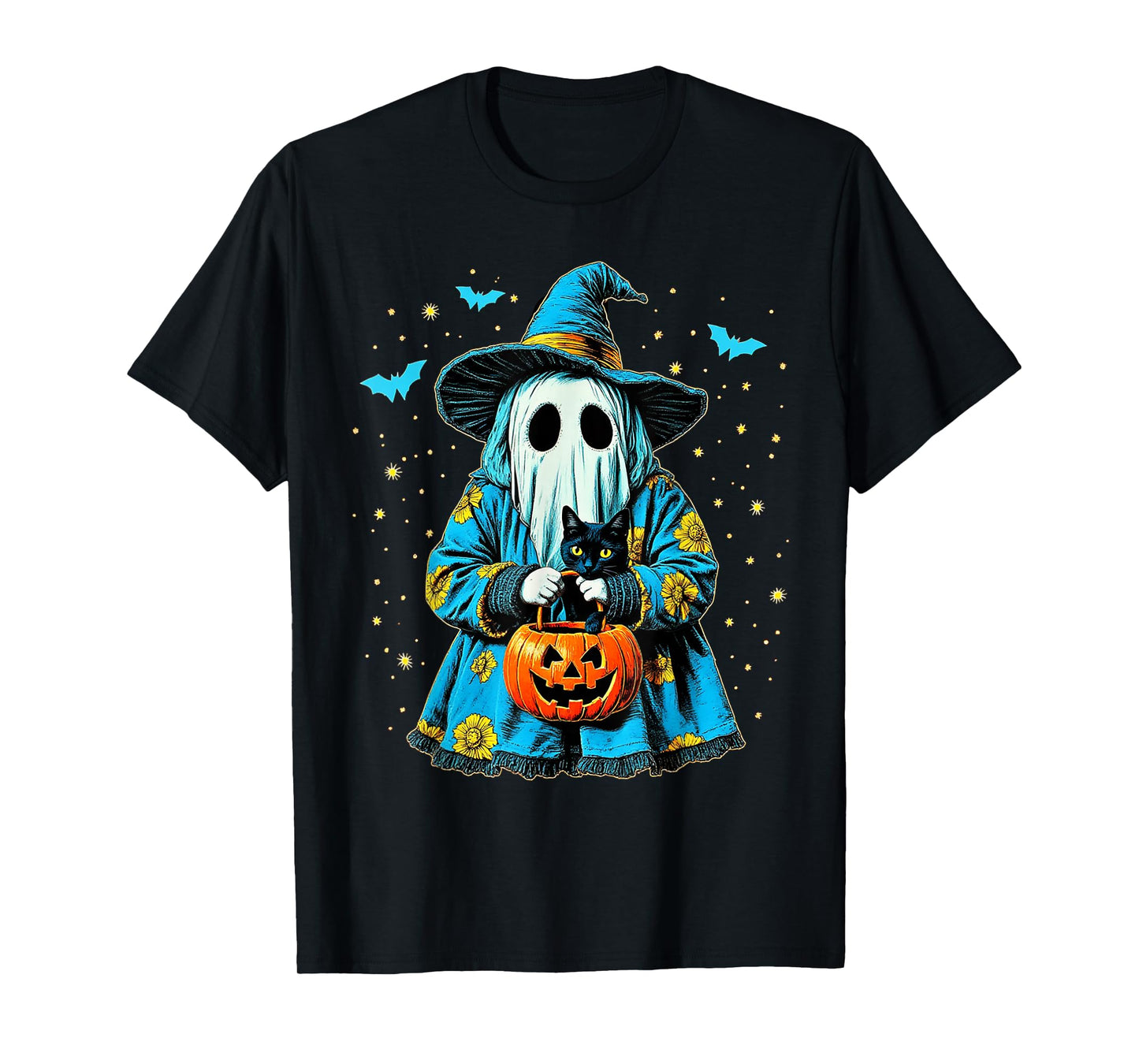 Ghost Holding Black Cat Lover Halloween 2025 Groovy Floral T-Shirt