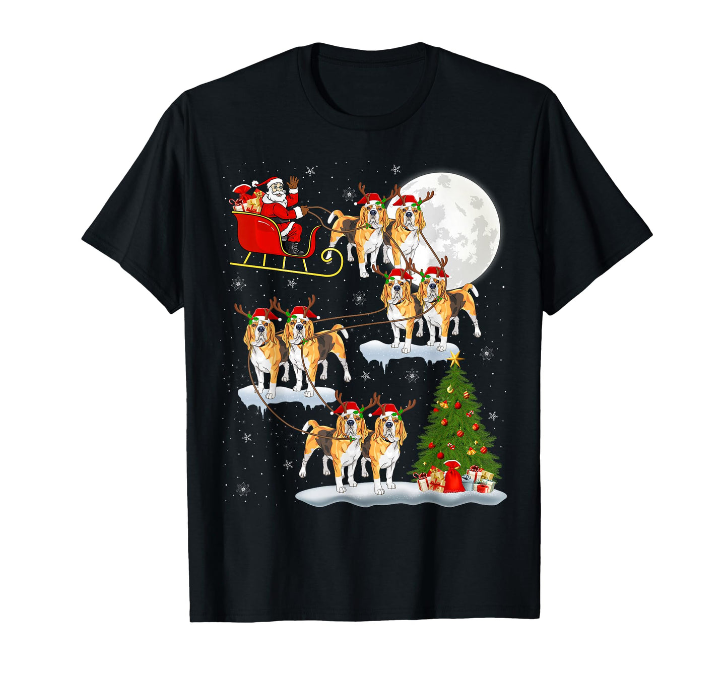 Beagle Dog Santa Sleigh Flying Funny Magical Christmas T-Shirt