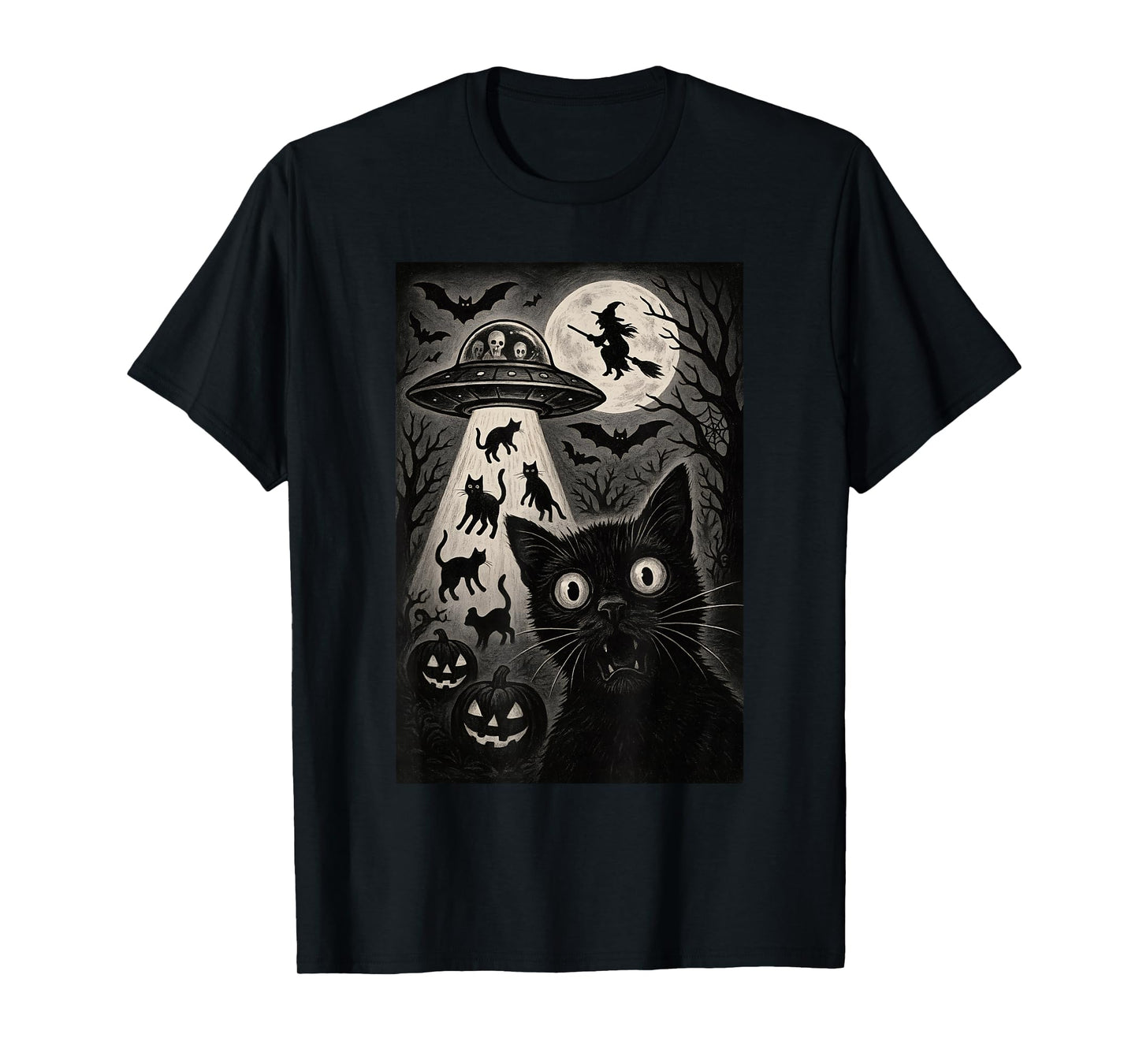 Halloween Cat Selfie Spooky Night Alien Abduction Cats UFO T-Shirt