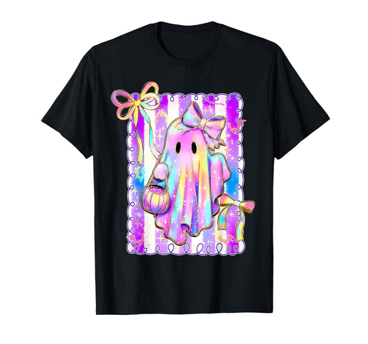 Disco Ghost Pumpkin Halloween Girly Coquette Bow Girl Women T-Shirt