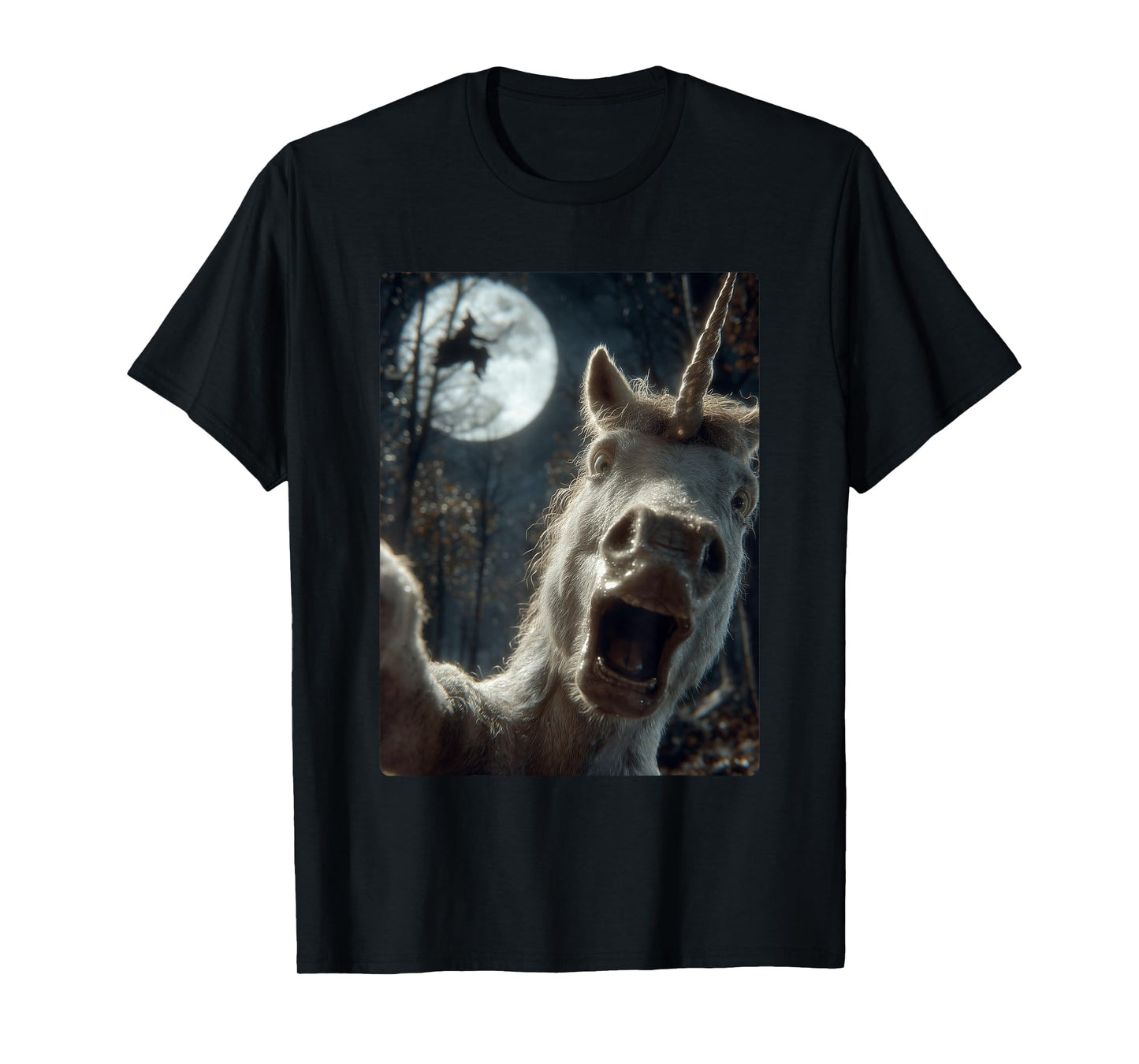 Funny Unicorn Selfie Full Moon Flying Witch Forest Halloween T-Shirt