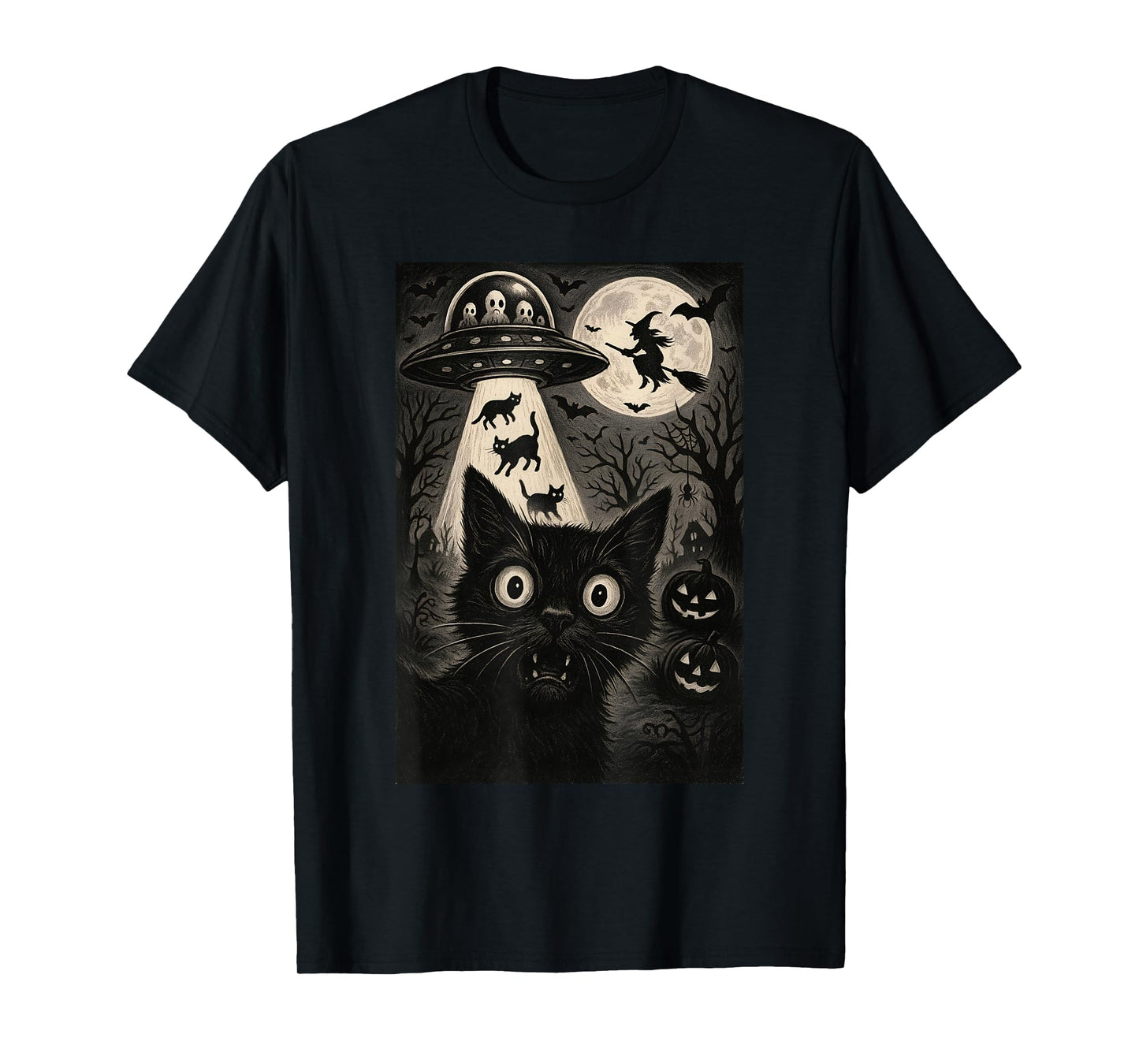 Halloween Cat Selfie Spooky Alien Abduction Cats UFO Flying T-Shirt