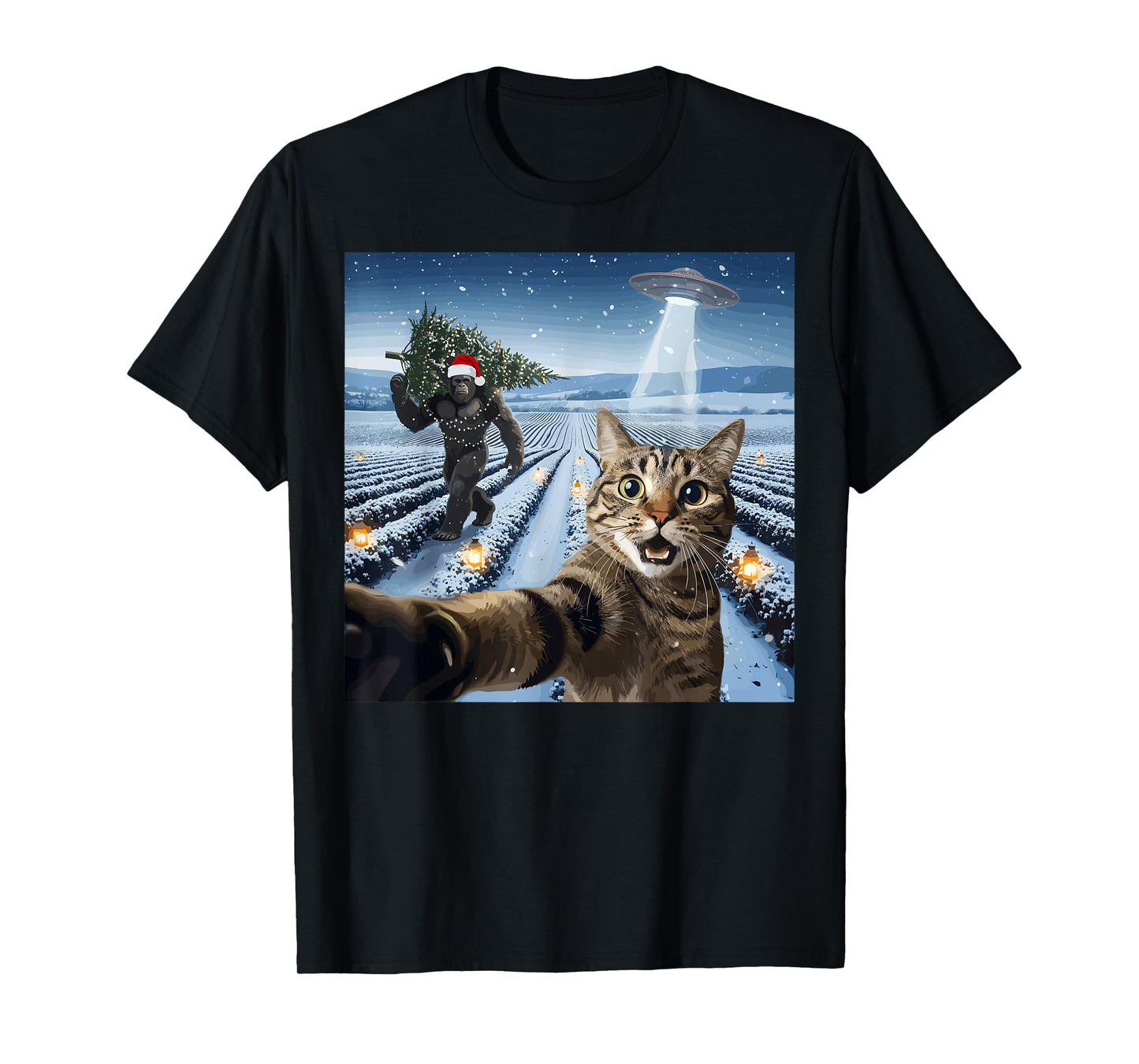 Christmas Cat Selfie Bigfoot UFO Winter Lights T-Shirt
