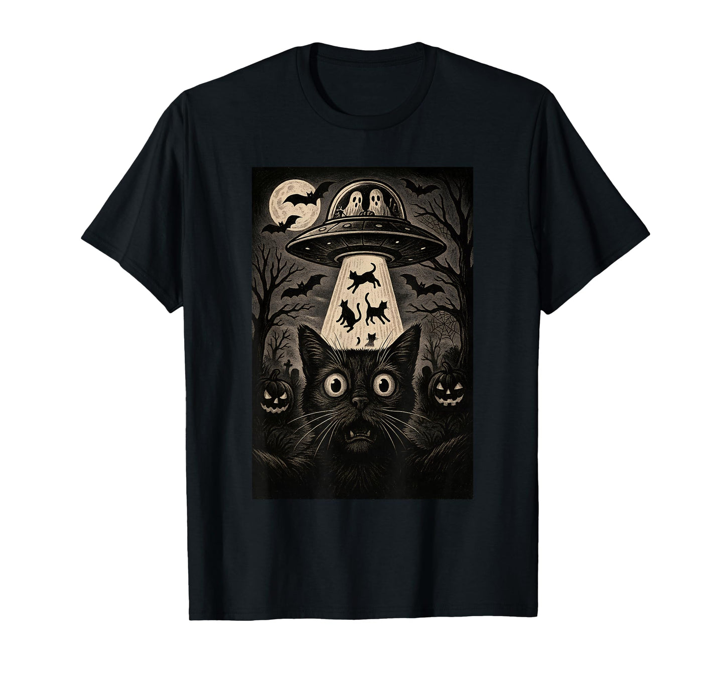 Halloween Cat Selfie Spooky Night Alien Abduction Cats UFO T-Shirt
