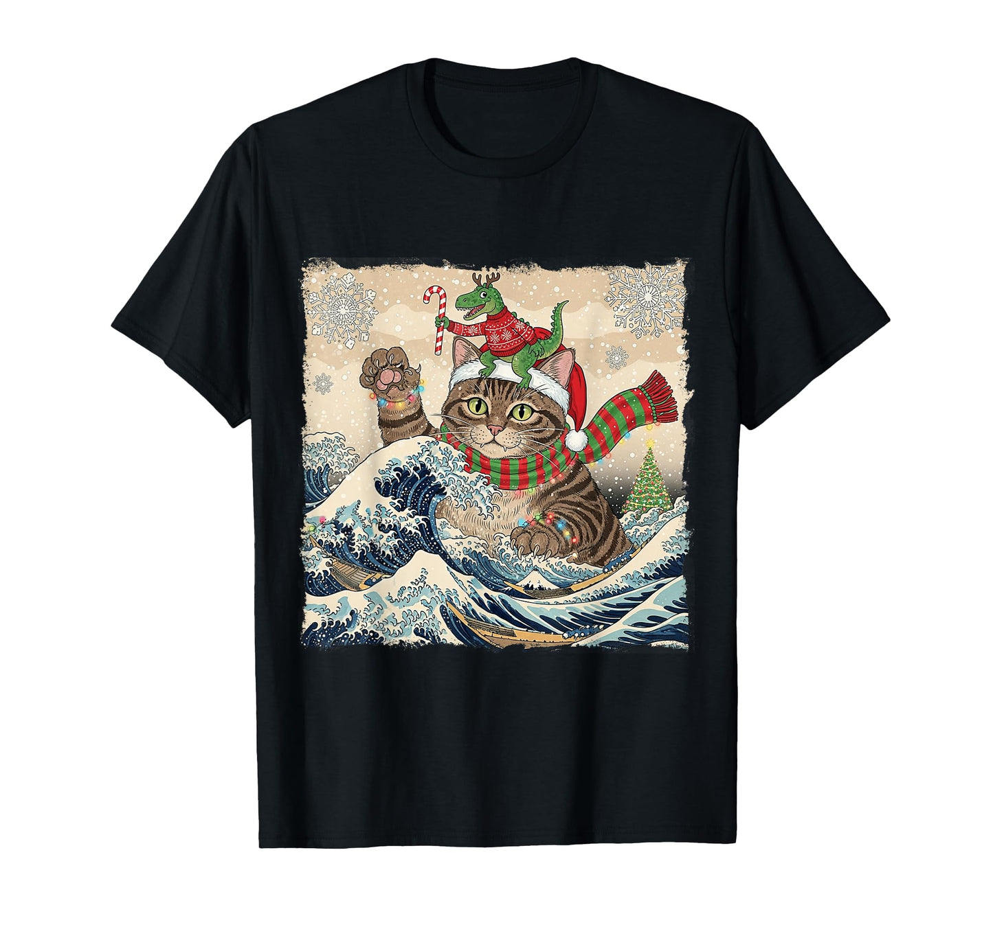 Catzilla Christmas with Cute Dino Cat Funny Holiday Wave T-Shirt