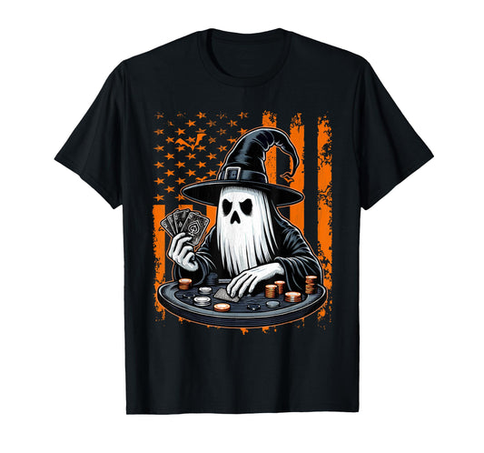 Poker Ghost Halloween Scary Costume Poker Player USA Flag T-Shirt