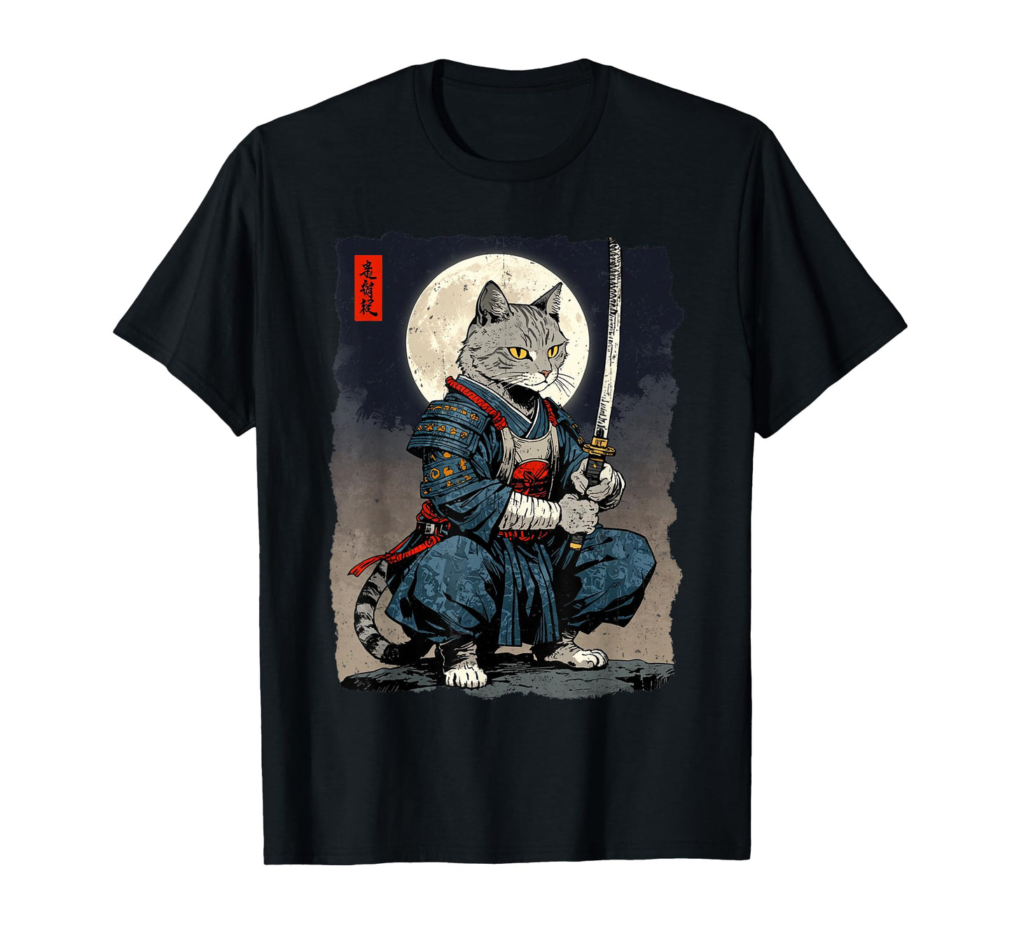Samurai Cat Japanese Retro Fighter Cat Moon Ukiyo-e Warrior T-Shirt
