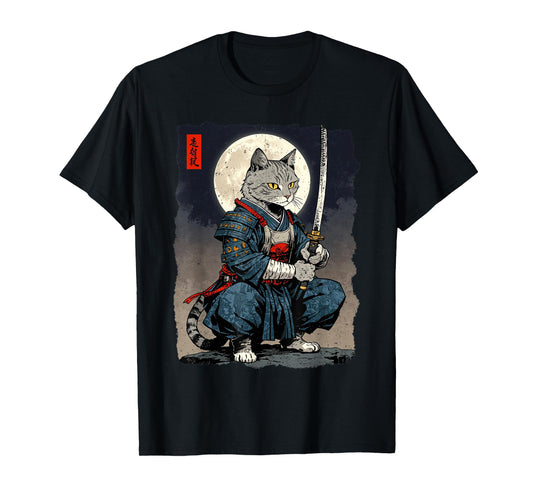 Samurai Cat Japanese Retro Fighter Cat Moon Ukiyo-e Warrior T-Shirt
