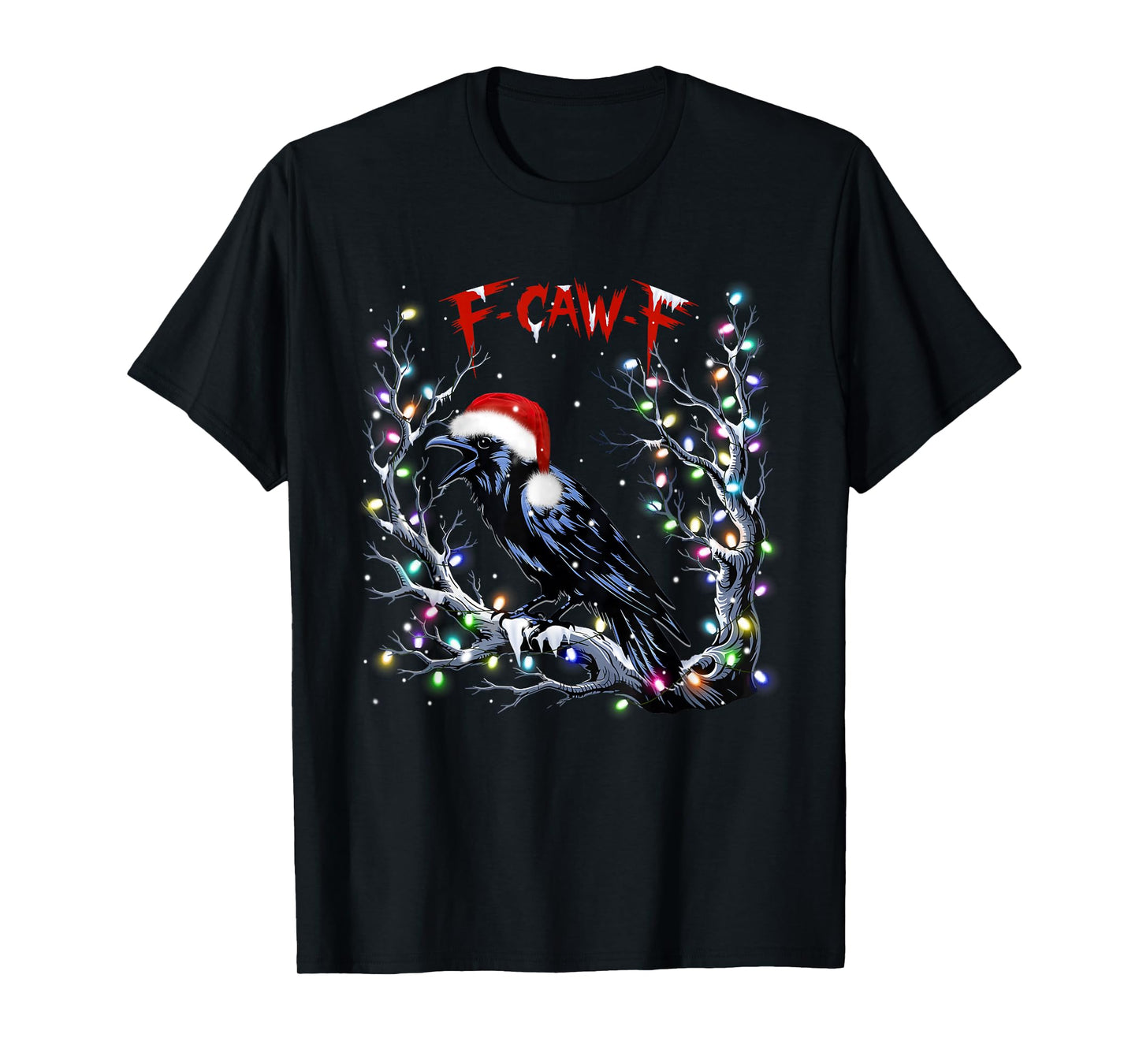 Black Crow F-Caw-F Funny Retro Santa Hat Christmas Lights T-Shirt
