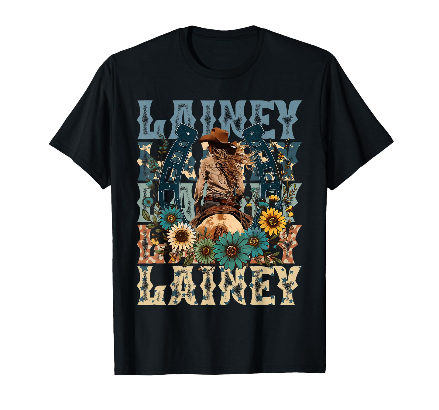Cowgirl Lainey First Name Personalized Western T-Shirt - Unisex-Adults, Kids - Black - Small - Short Sleeve - T-Shirt - Animal Print Fabric Blend
