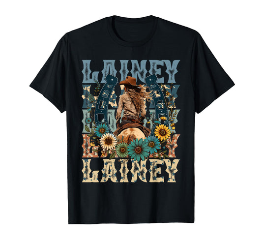 Cowgirl Lainey First Name Personalized Western T-Shirt - Unisex-Adults, Kids - Black - Small - Short Sleeve - T-Shirt - Animal Print Fabric Blend