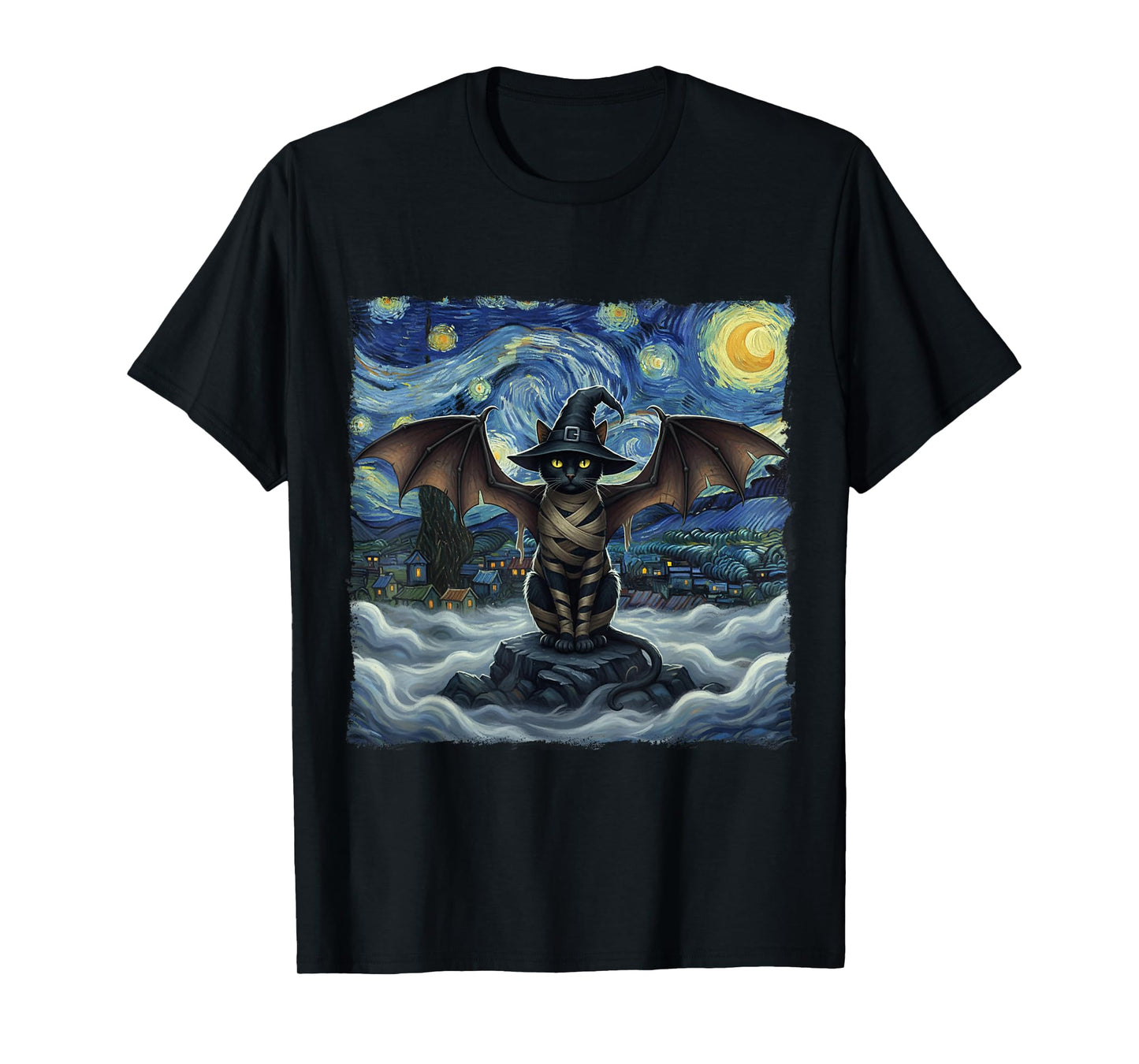 Cat Halloween Cat Starry Night Vampire Cat with Bat Wings T-Shirt