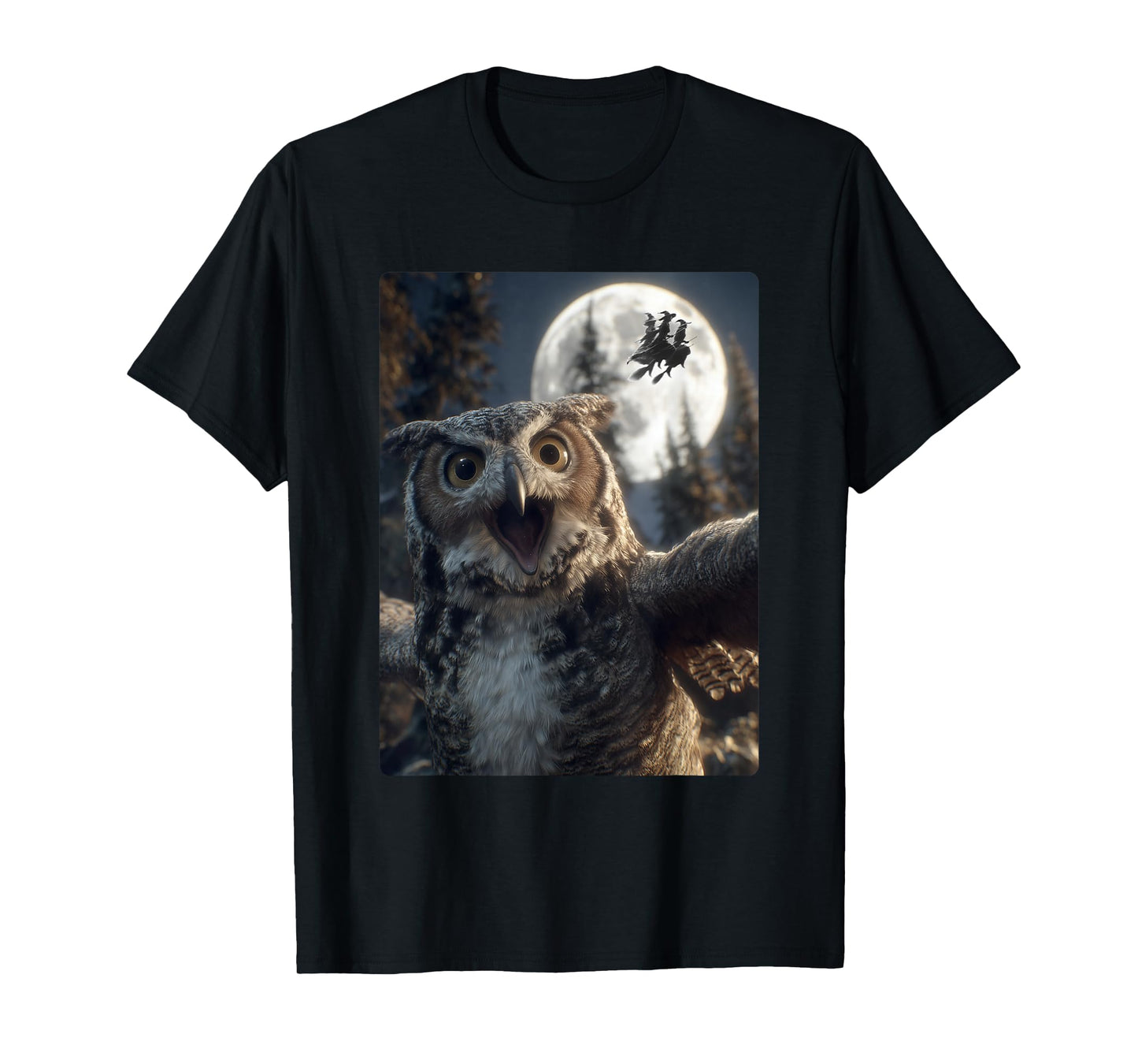 Funny Owl Selfie Full Moon Flying Witches Forest Halloween T-Shirt