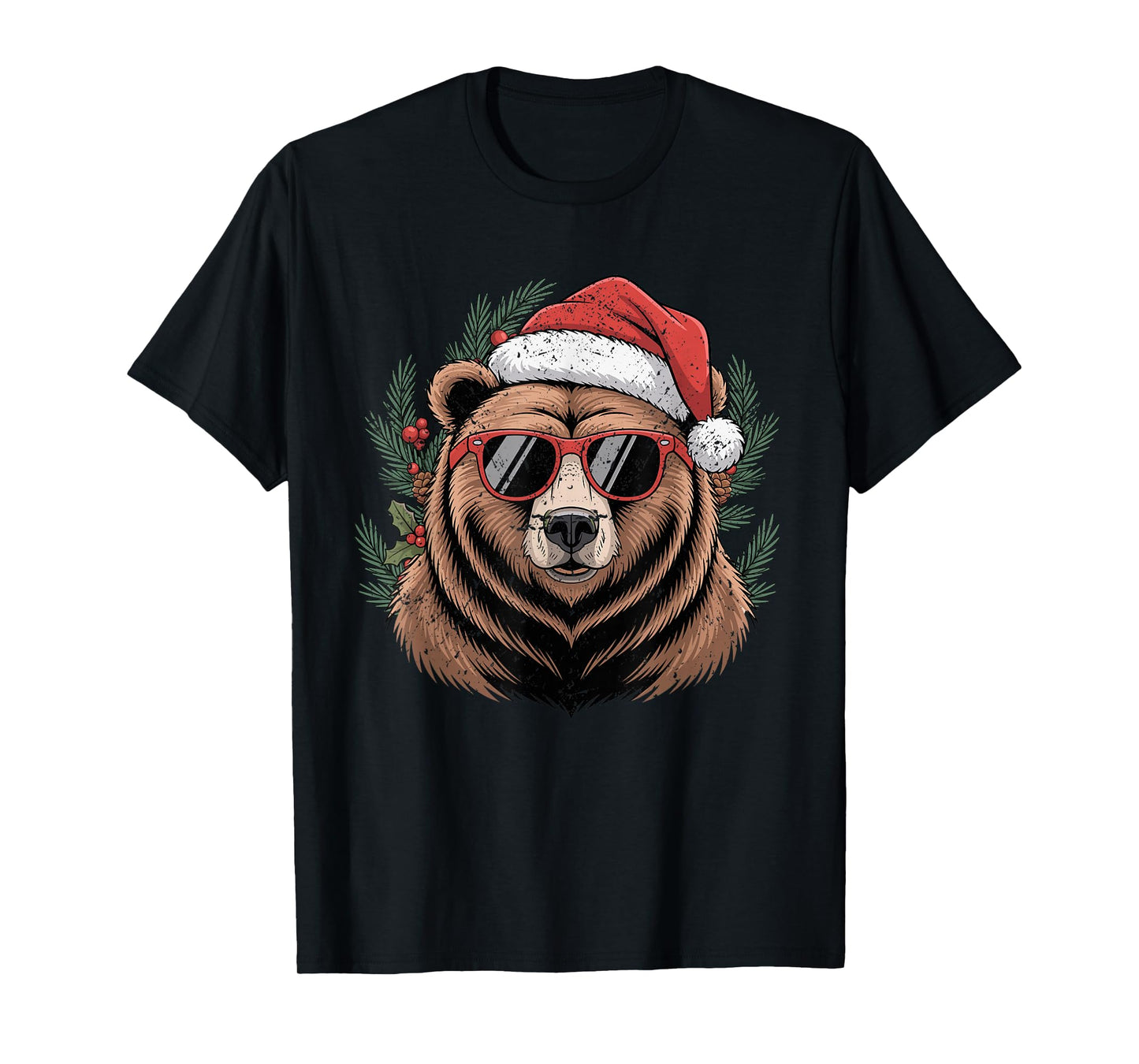 Santa Bear with Sunglasses Surrounded by Pine Branches T-Shirt