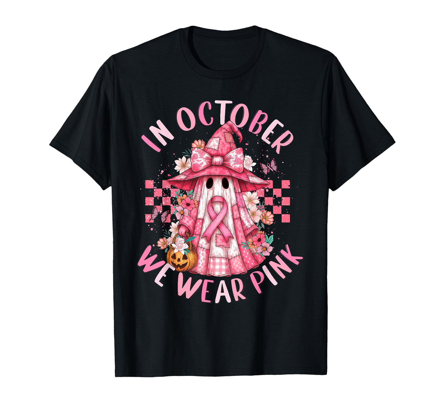 in October We Wear Pink Ghost Witch Breast Cancer Awareness T-Shirt