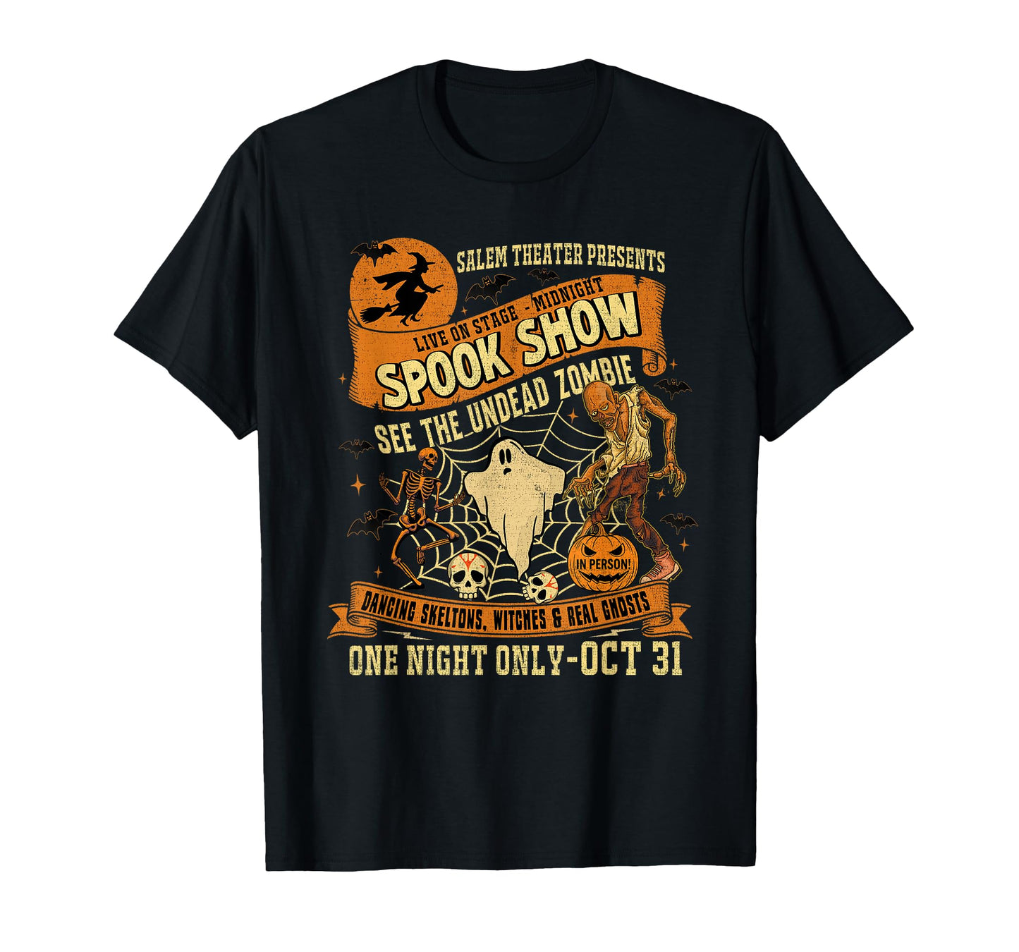 Vintage Halloween Tee Witch-Dancing Skeletons Monster T-Shirt