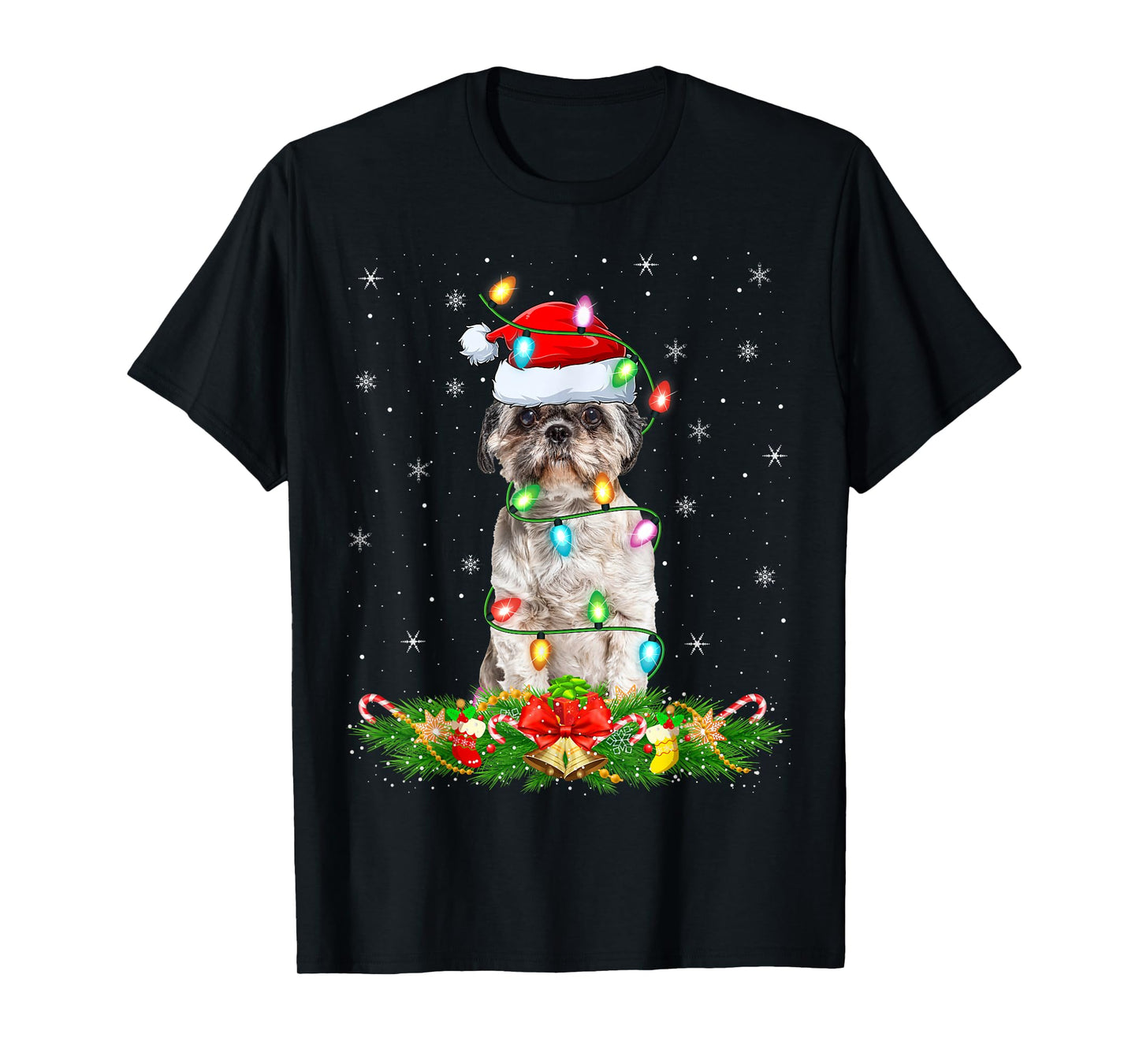 Shih Tzu Dog Christmas Lights Funny Santa Hat Xmas T-Shirt
