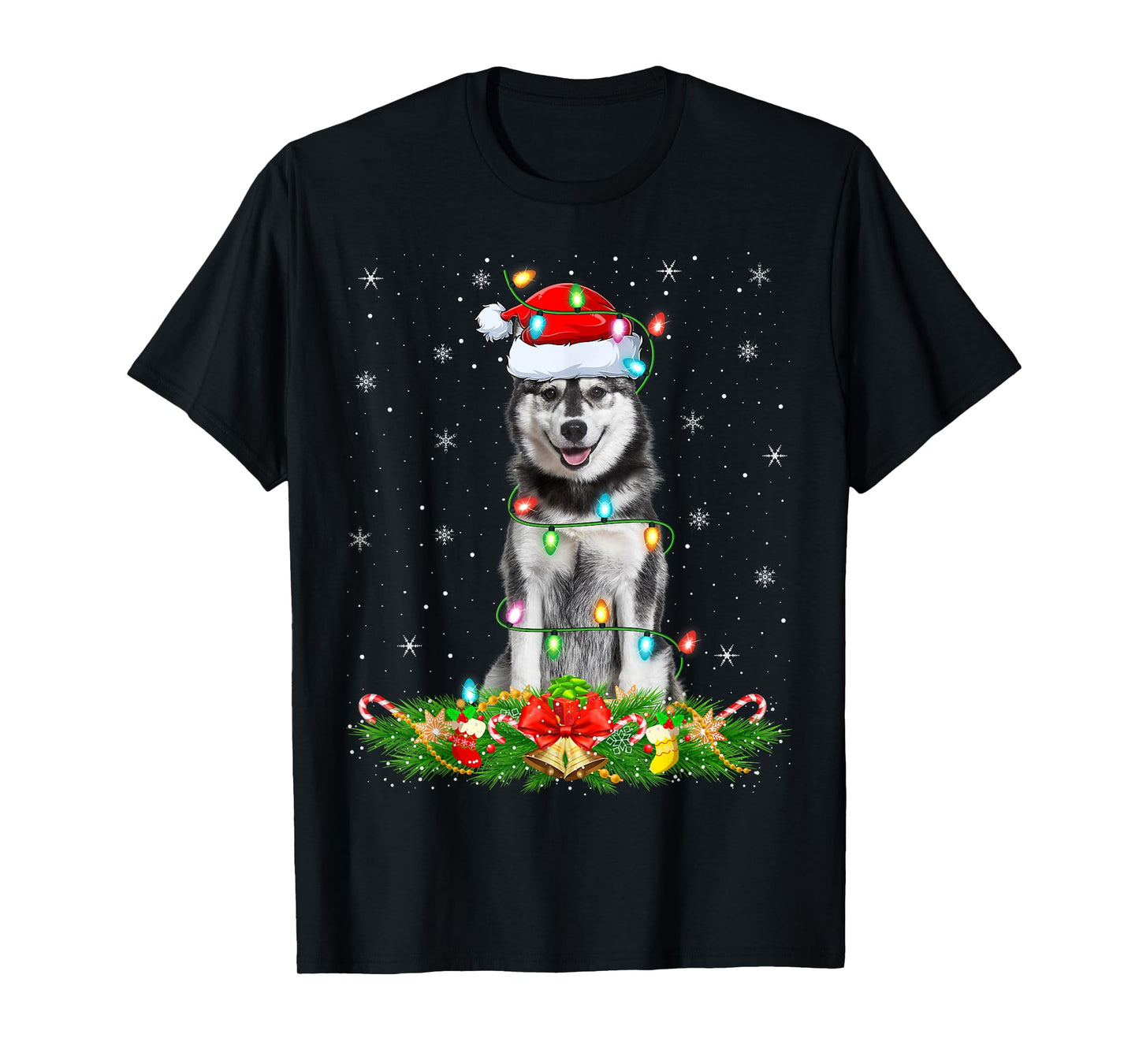 Siberian Husky Dog Christmas Lights Funny Santa Hat Xmas T-Shirt