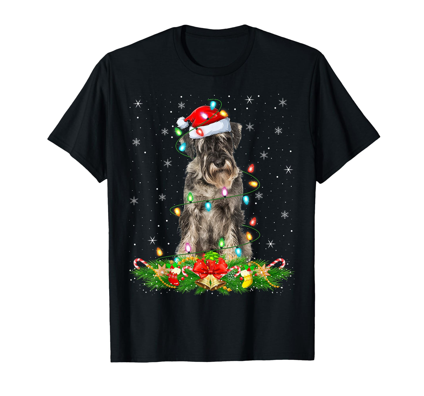 Schnauzer Dog Christmas Lights Funny Santa Hat Xmas T-Shirt