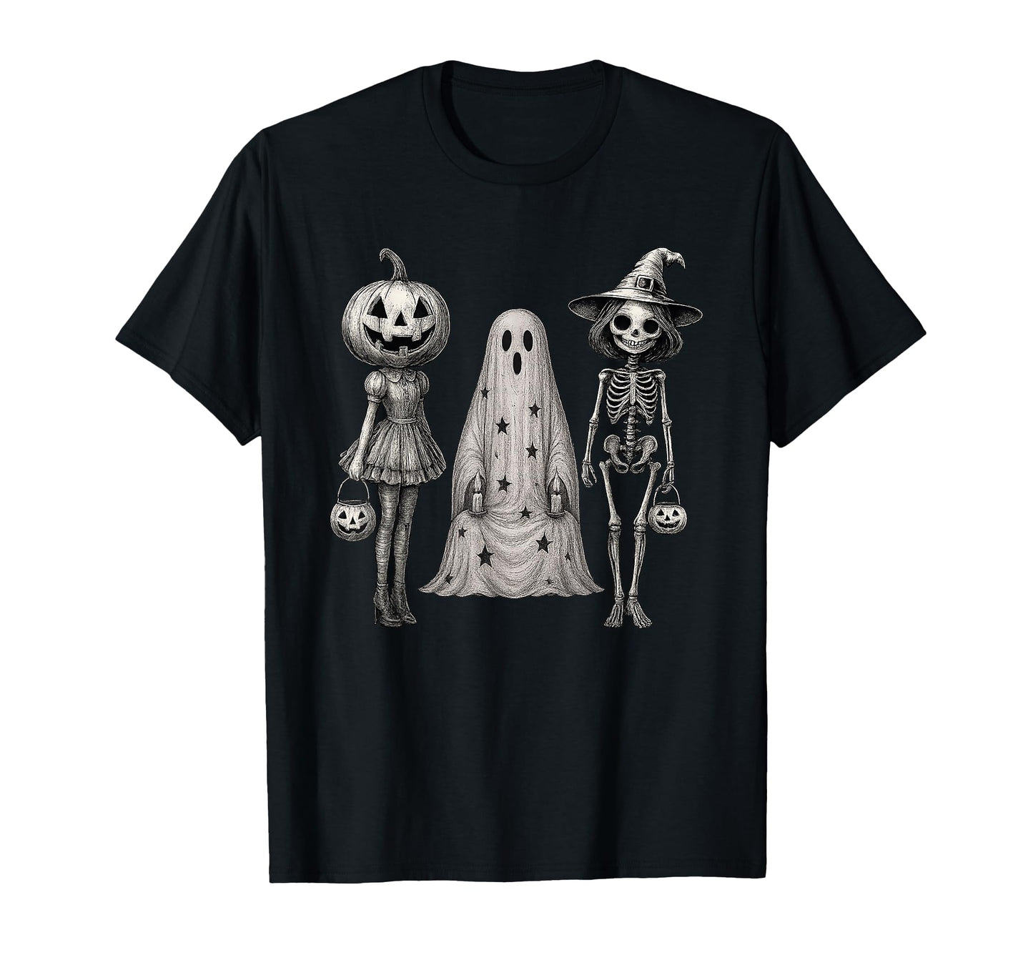 Vintage Spooky Squad, Halloween Skeleton Ghost Pumpkin Tee T-Shirt