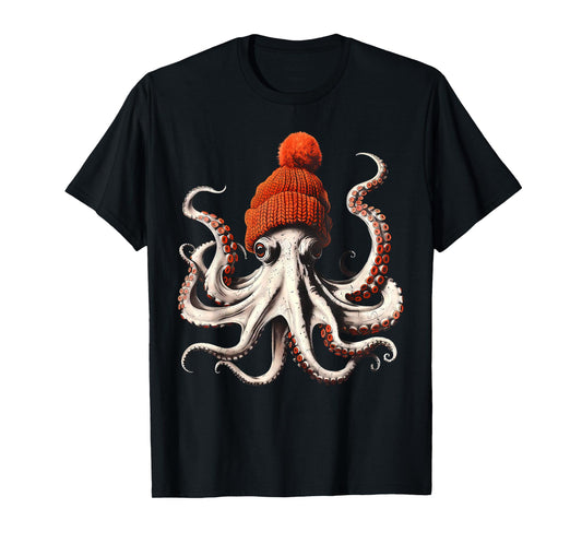 Octopus Wearing Beanie Retro Graphic Marine Biology Ocean T-Shirt