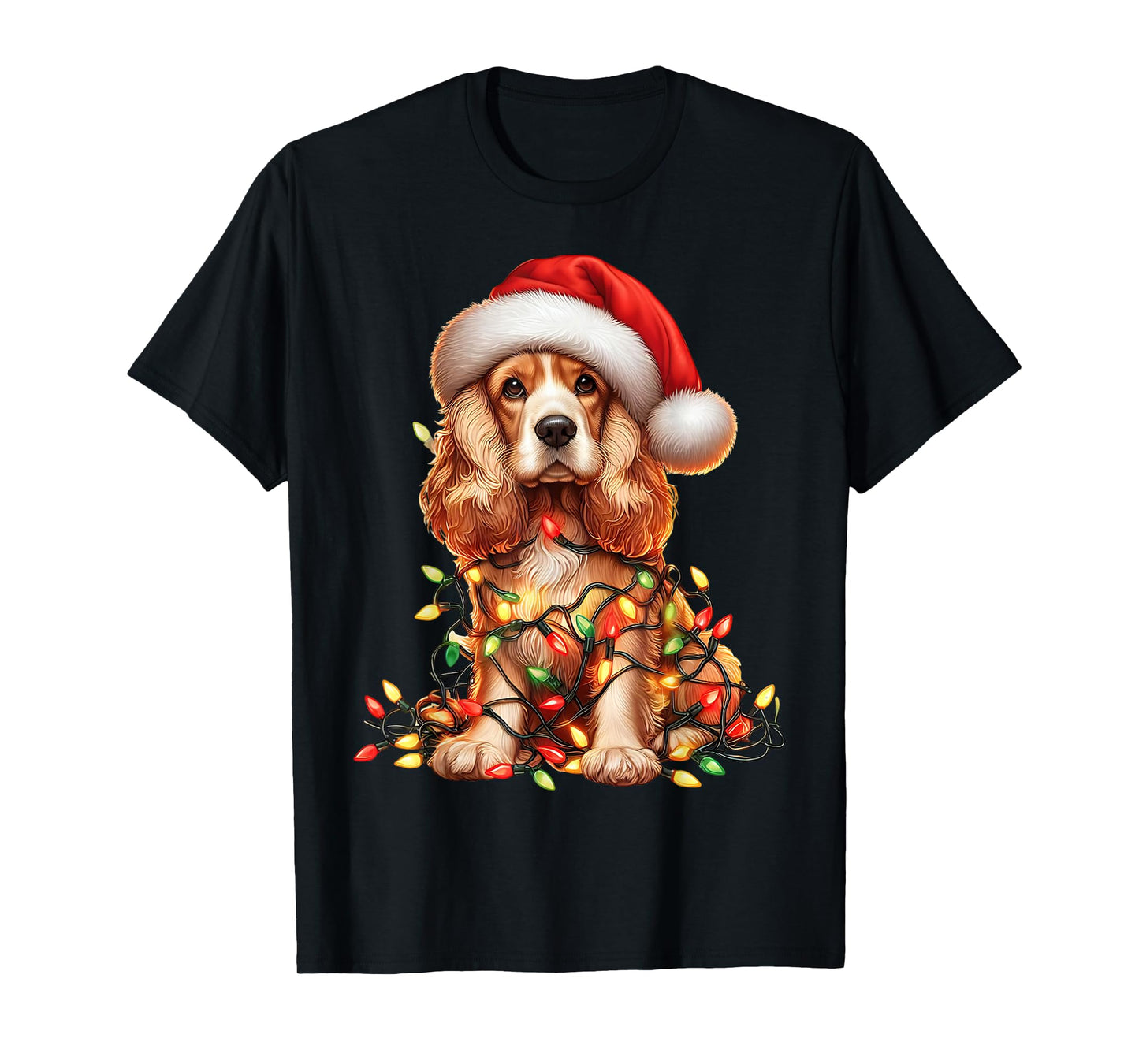 Cocker Spaniel Dog Christmas Lights Santa Hat Dog Lover T-Shirt