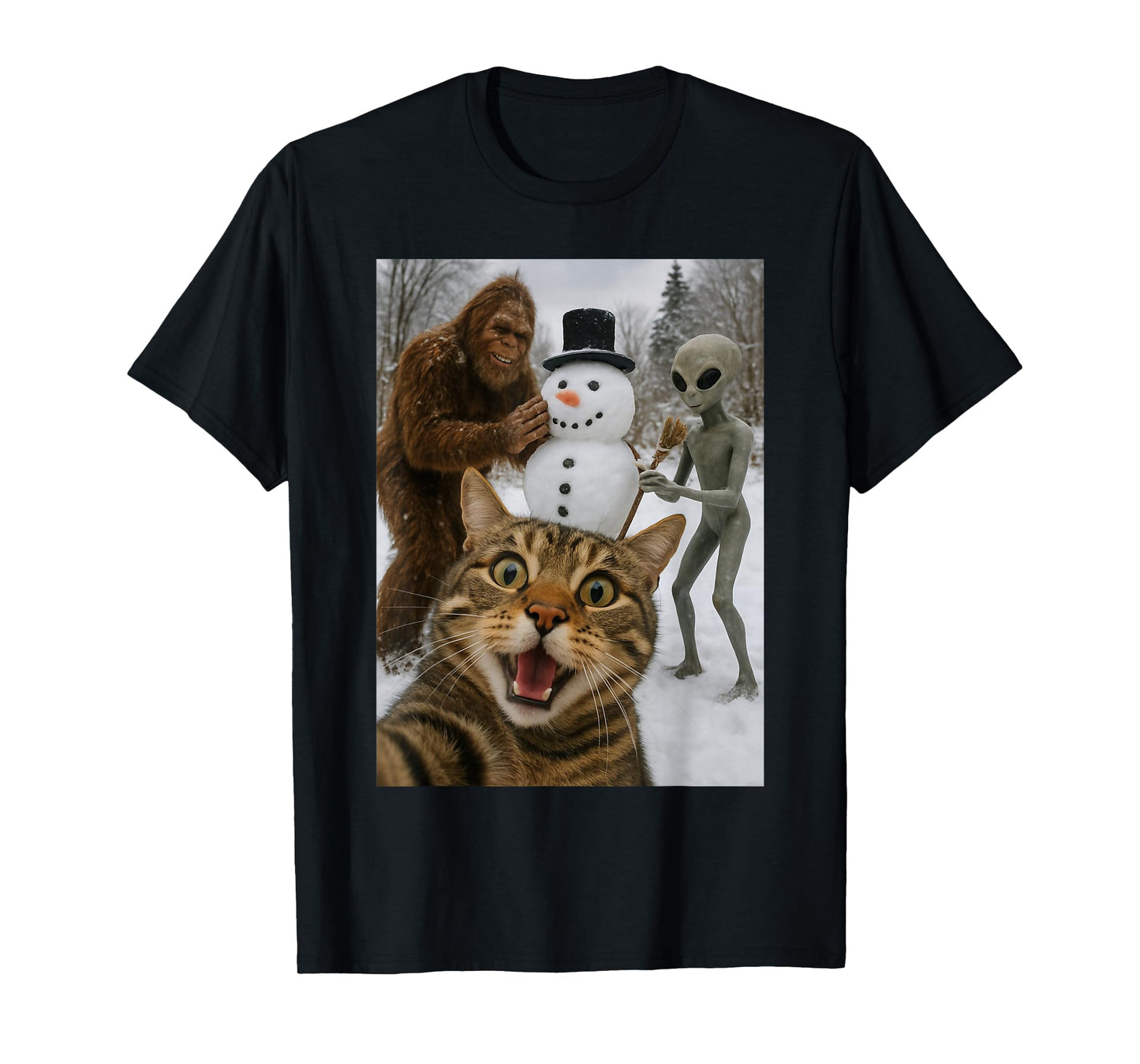 Funny Christmas Cat Selfie with Bigfoot Alien & Snowman T-Shirt
