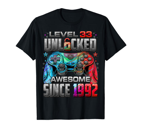 Level 33 Unlocked Awesome Since 1992 33rd Birthday Gaming T-Shirt