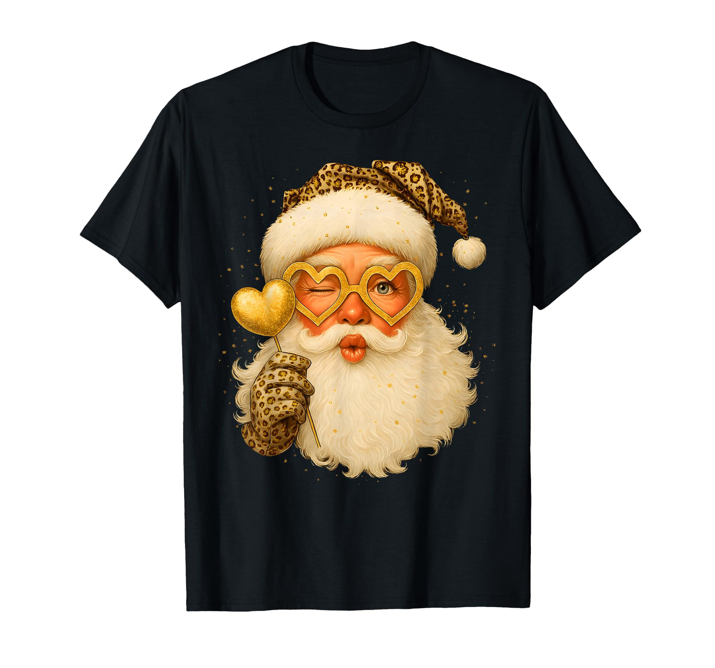 Santa Leopard Heart Glasses Merry Christmas Girl Women Kid T-Shirt