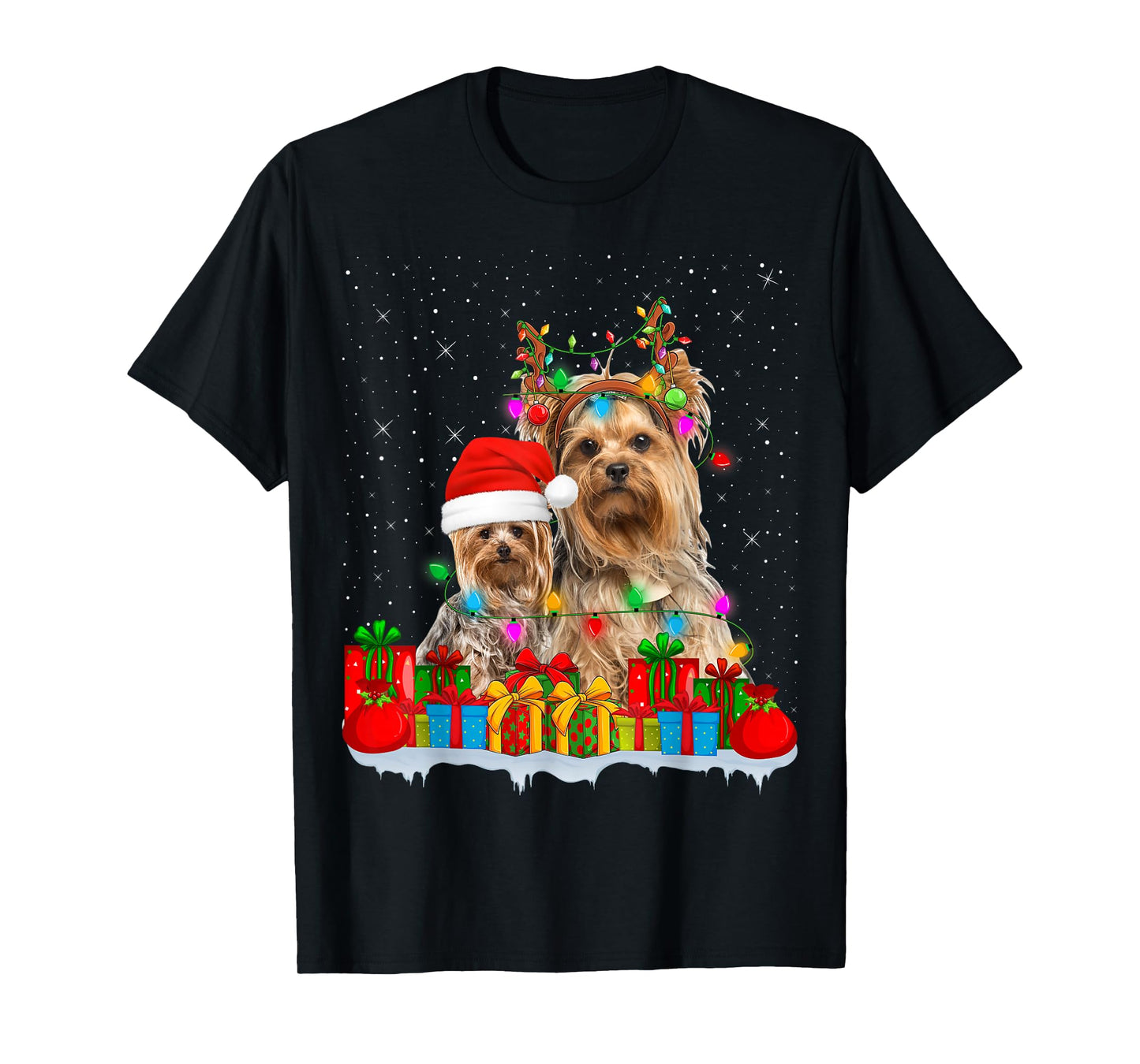 Yorkshire Terrier Dog Christmas Lights Reindeer Santa Xmas T-Shirt