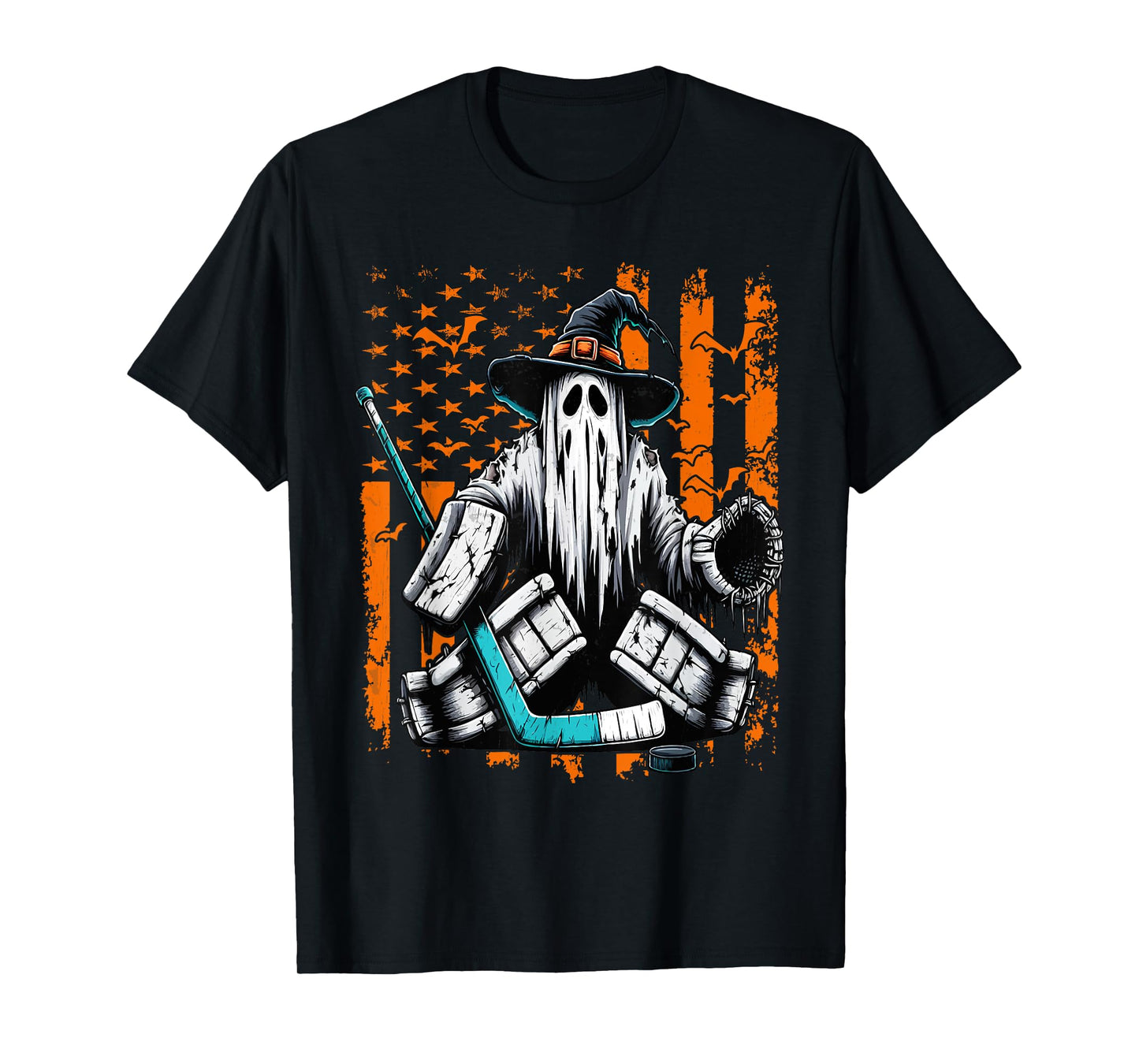 Hockey Goalie Ghost Halloween American Flag Ice Hockey T-Shirt