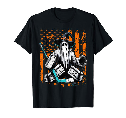 Hockey Goalie Ghost Halloween American Flag Ice Hockey T-Shirt