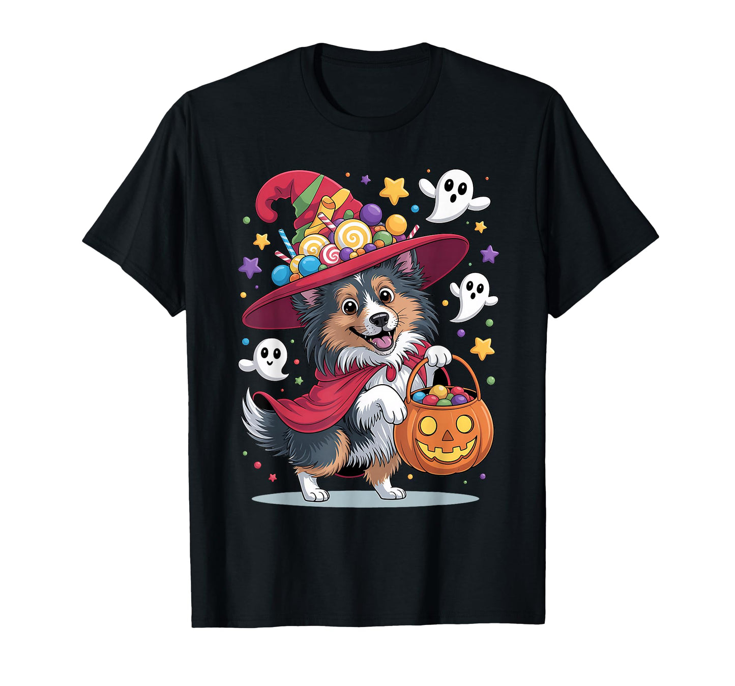 Shetland Sheepdog Dog Pumpkin Ghost Candy Witch Halloween T-Shirt