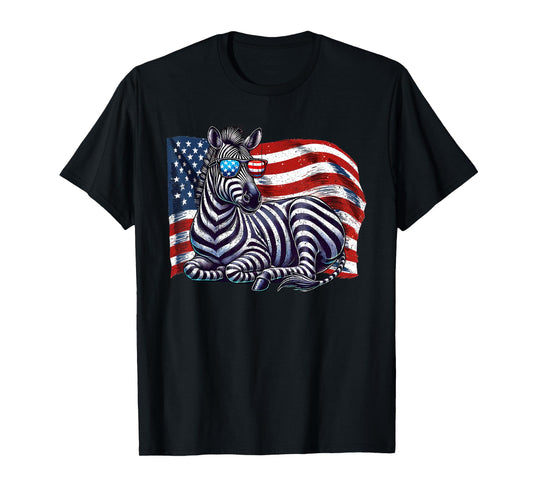 Zebra USA Flag Animals Lovers Patriotic Sunglasses Vintage T-Shirt