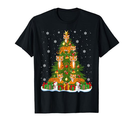 Cute Tiger Christmas Tree Holiday Decor Funny Xmas Lights T-Shirt